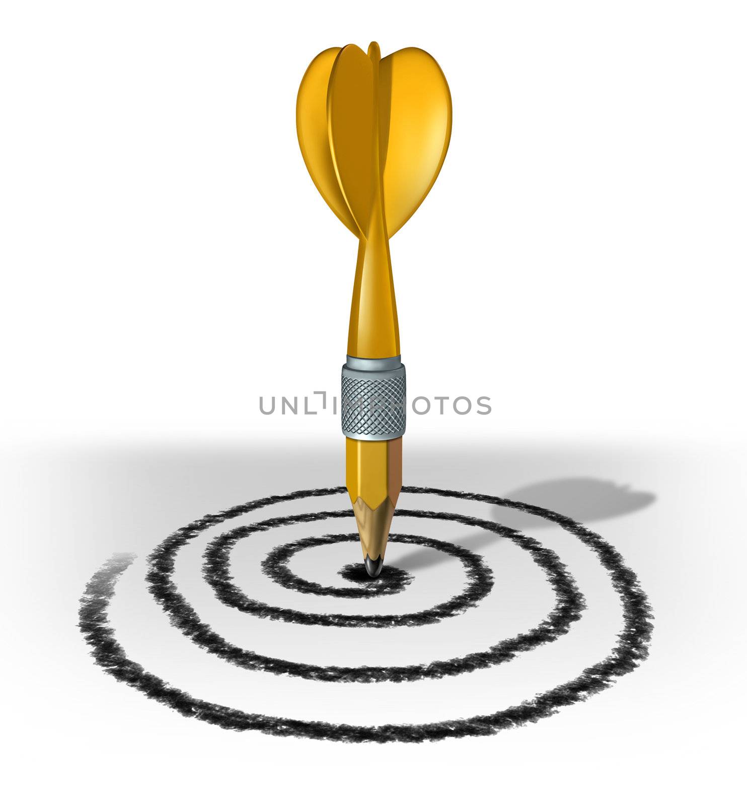 Plan your future and chart a course for success by creating a target and aiming for the bulls eye for financial and life success by drawing and planning a strategy with a yellow pencil in the shape of a dart.