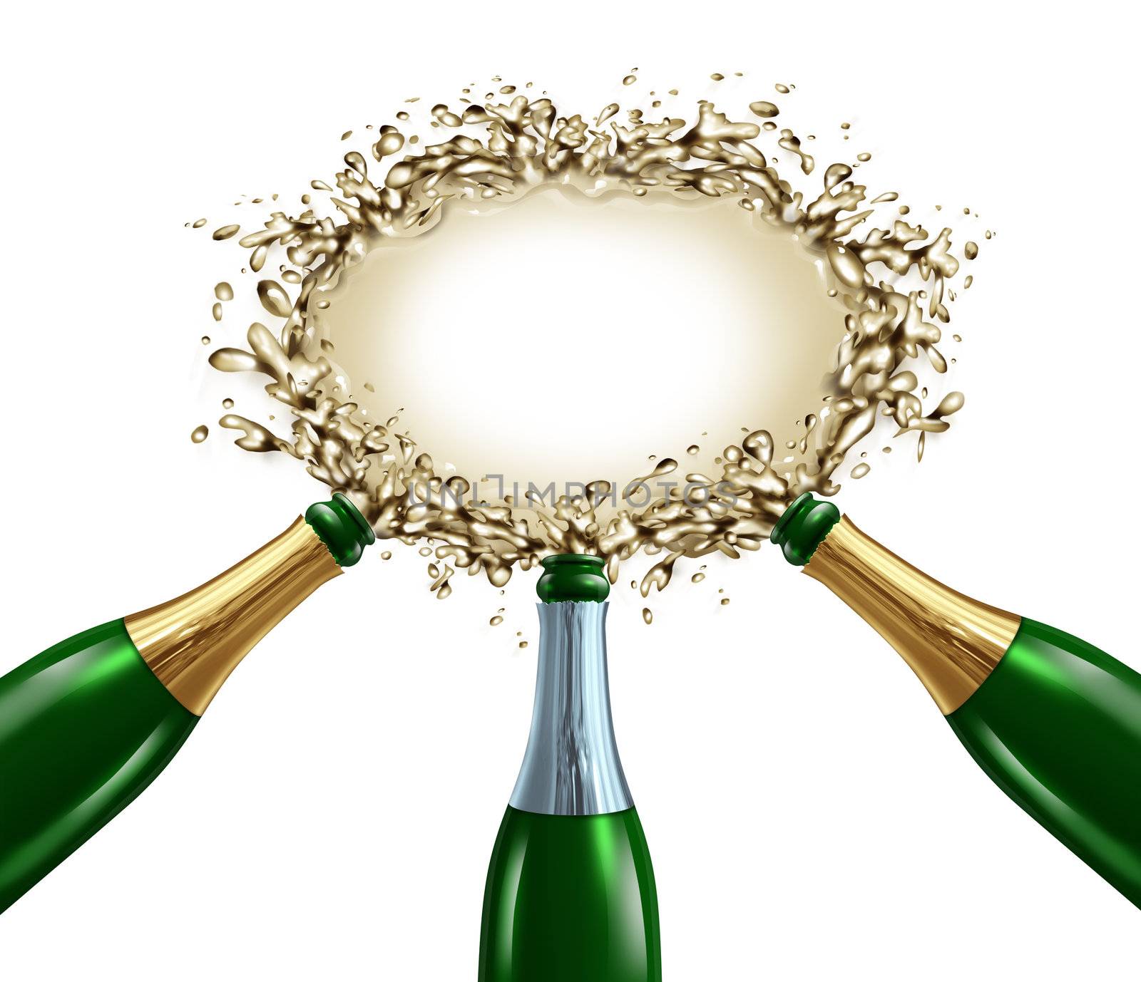 Celebration blank sign with three uncorked exploding champagne bottles with bubbling wine splashing forward to form a liquid signage  for celebrating an important occasion.