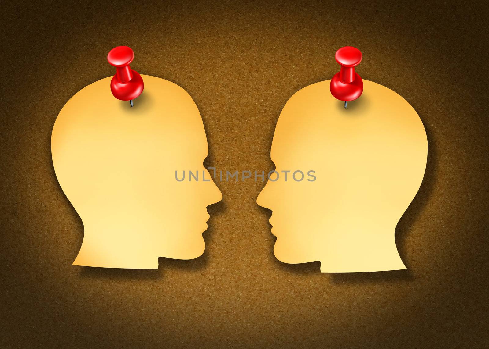 Communication Network strategy with two blank yellow office notes and red thumb tacks in the shape of human heads face to face in a social exchange of information on white.