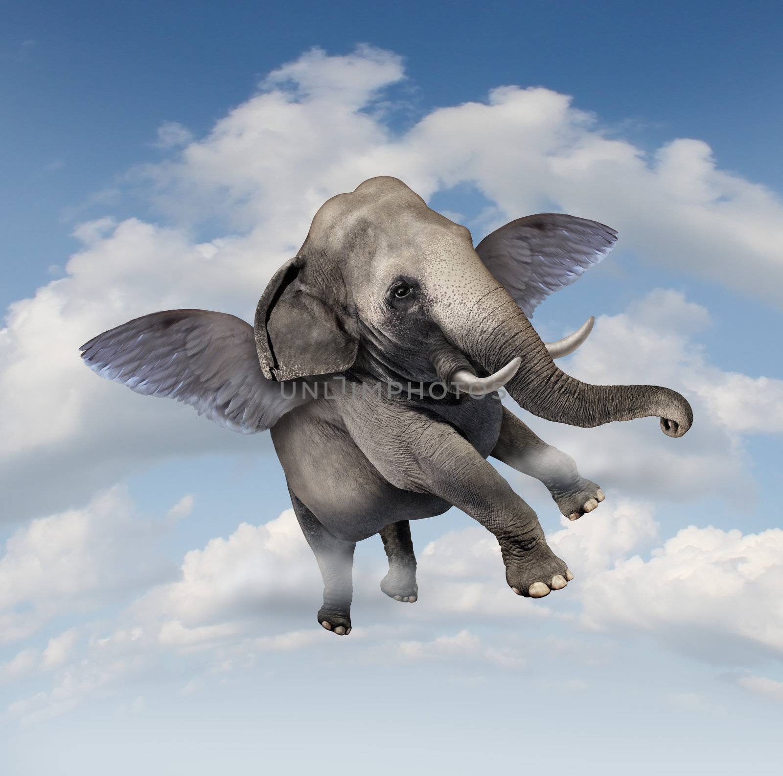 Potential and possibilities concept with a realistic elephant flying in the air using wings as a business symbol of achievement and belief in your abilities to succeed in upward growth.