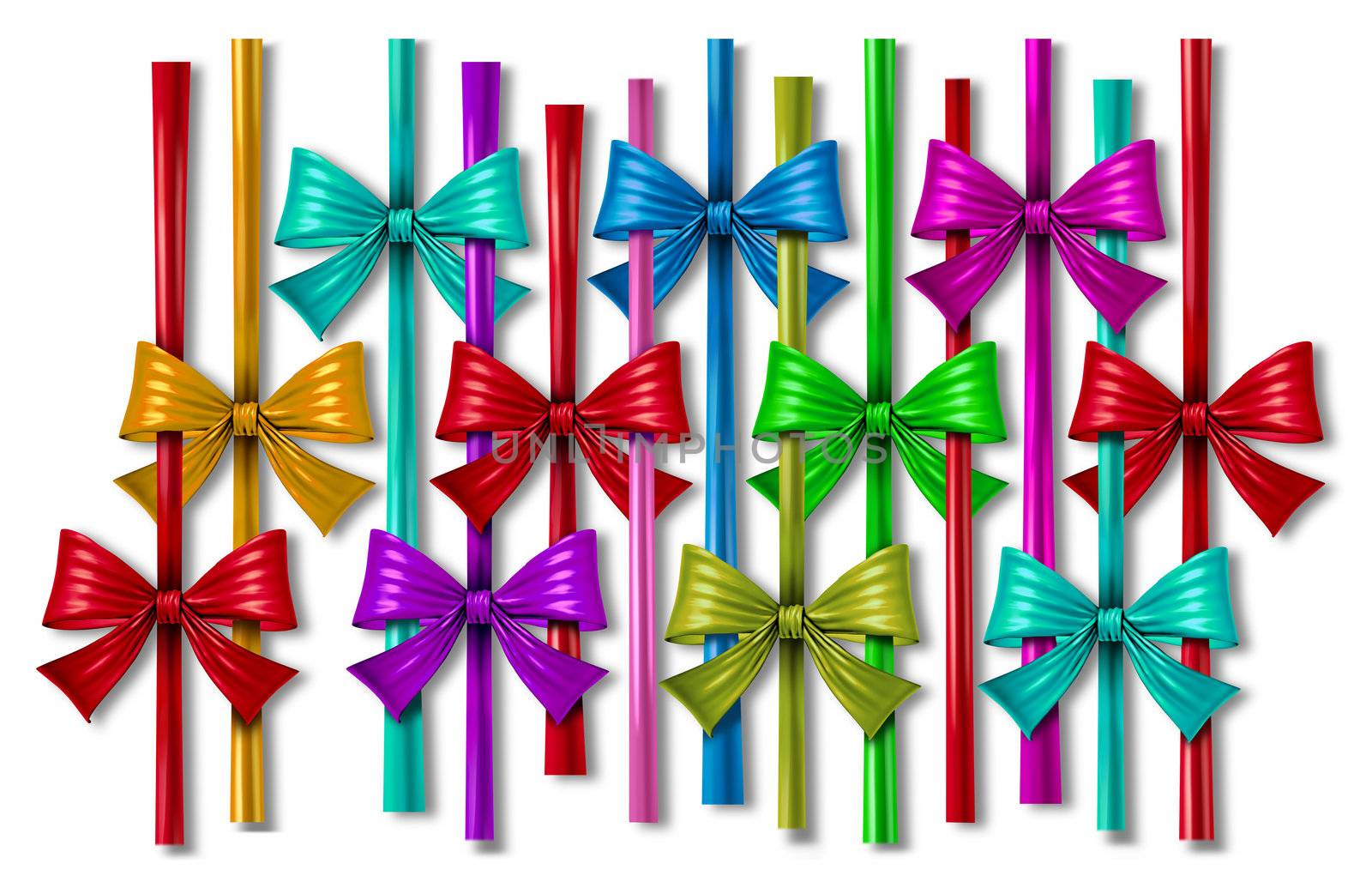 Ribbon bow design element with a pattern of silk decorative color strands as a celebration of the Holidays including Christmas New years eve birthday parties and anniversaries on white.