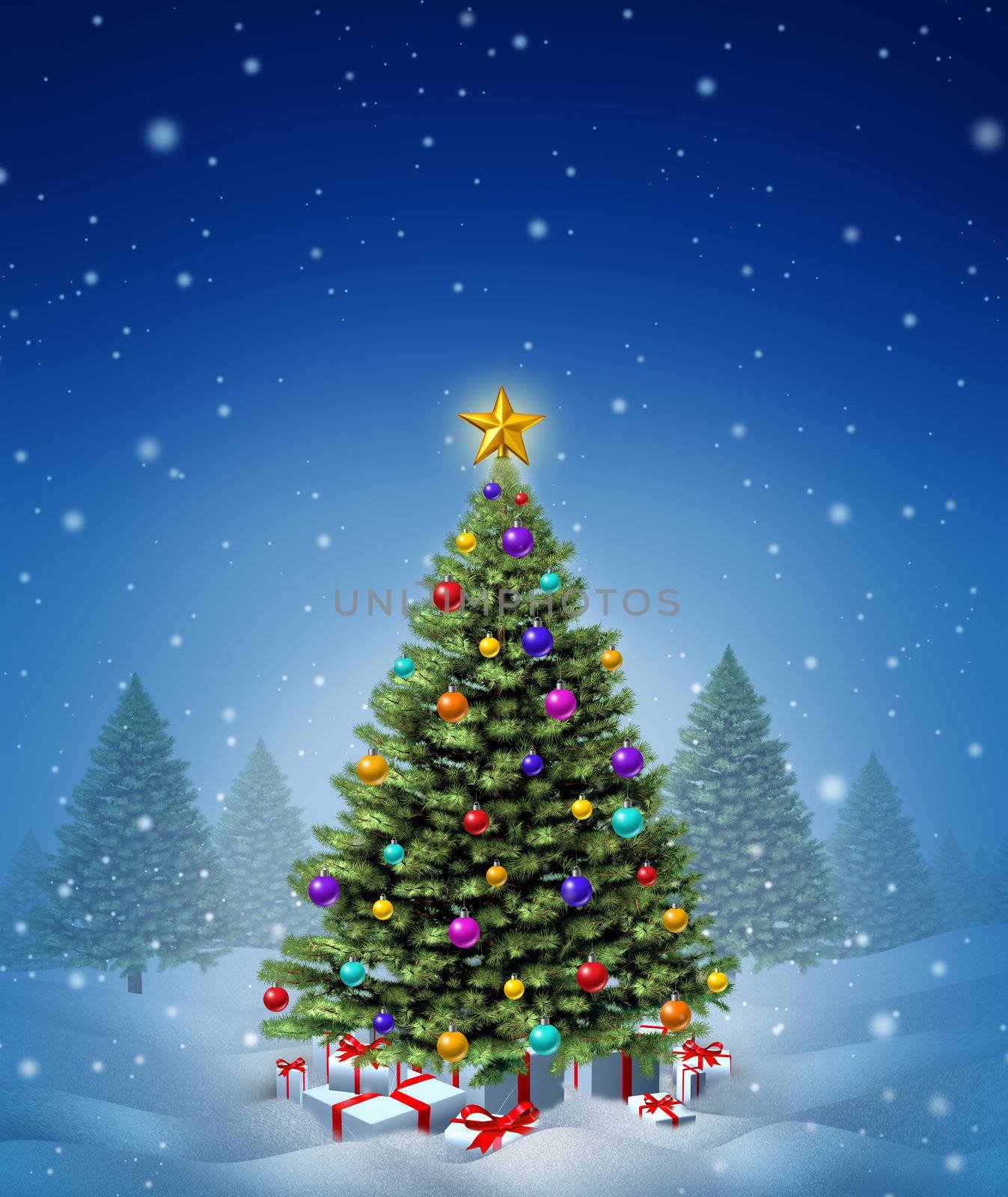 Christmas winter tree decorated with ornate decorative balls and gifts with red ribbons and bows as a seasonal symbol of winter celebration and festive new year on a cold snowing night.