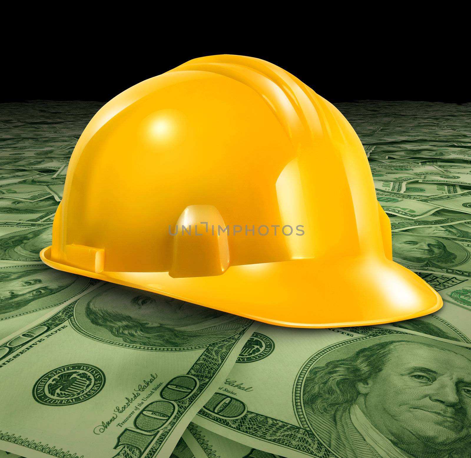 Construction business with a yellow hardhat helmet on a floor of money and currency representing the economic condition of commercial and residential building activity and investment.