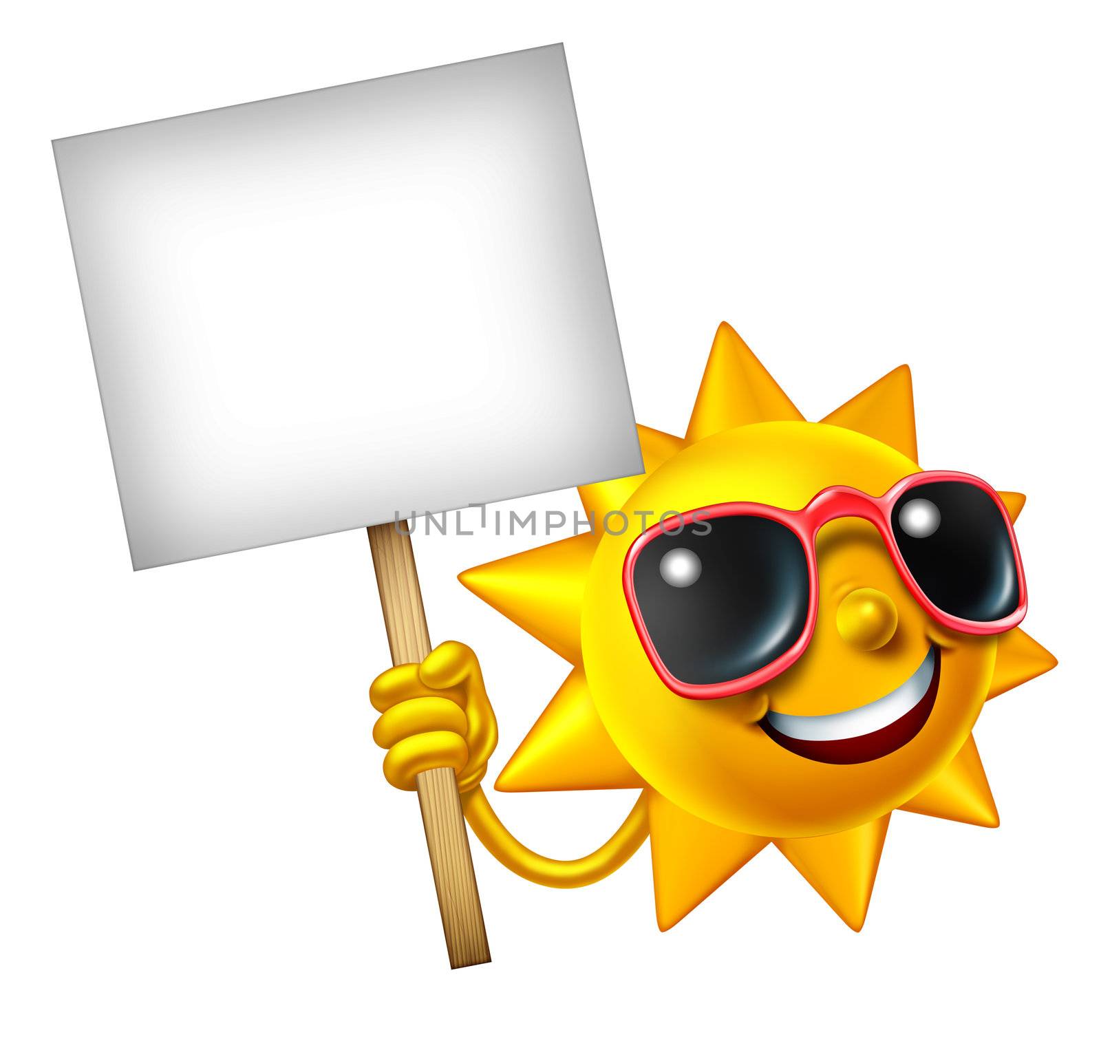 Fun in the sun isolated mascot holding a blank sign as a hot summer three dimensional cartoon character for leisure sunny vacation time and advertisement or communication of holiday relaxation.
