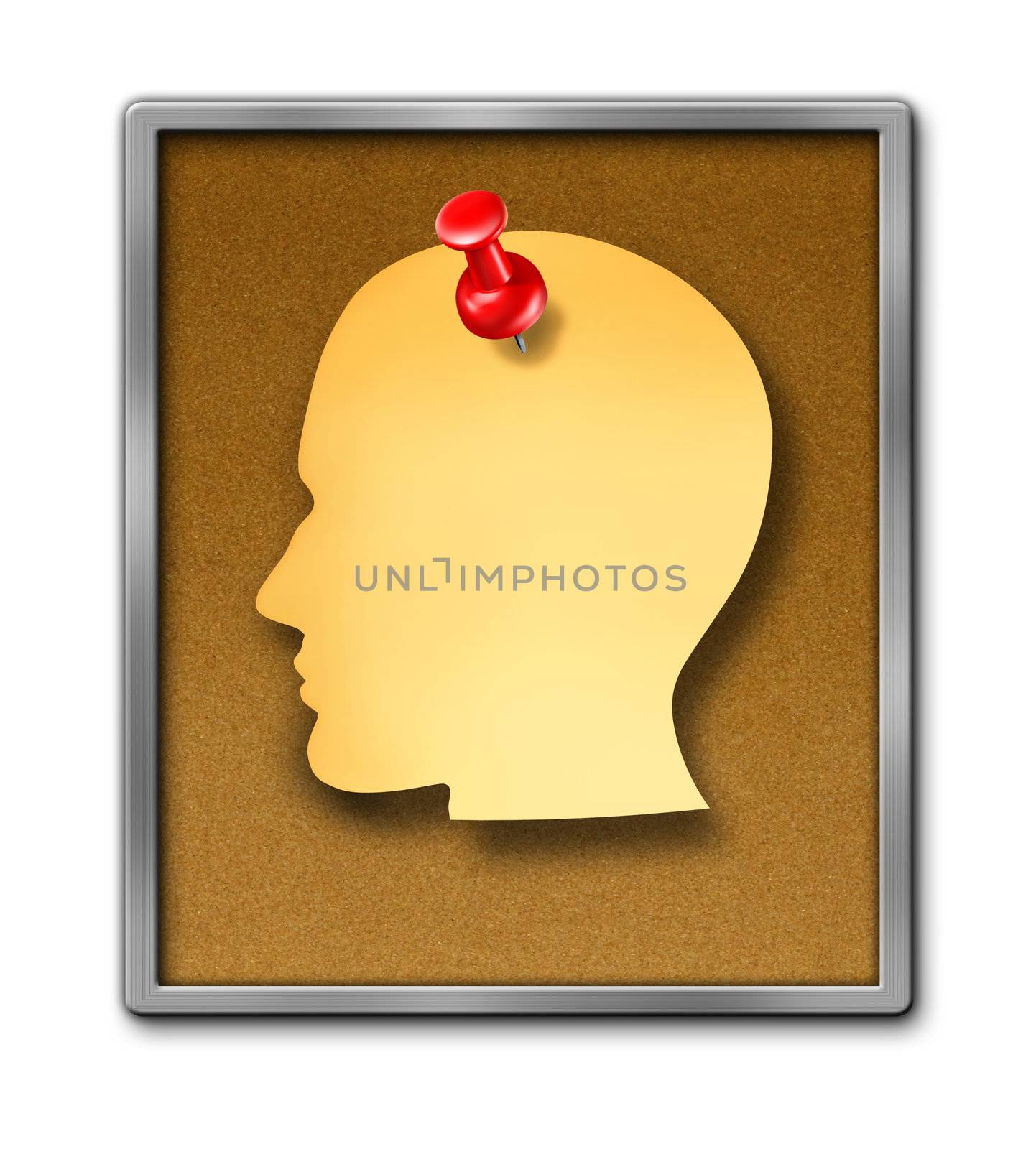Human paper note reminder in the shape of a head as a blank yellow sheet and a red thumb tack pin on a cork board frame as a health care dementia symbol of memories and a business schedule reminder.