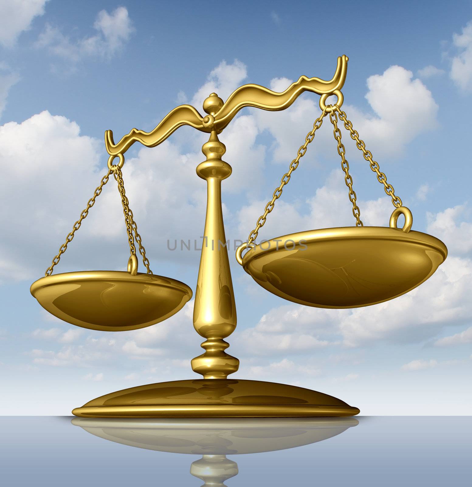 Justice scale of law made of chrome metal on a sky background as a symbol of the legal system in government and society in enforcing rights and regulations.