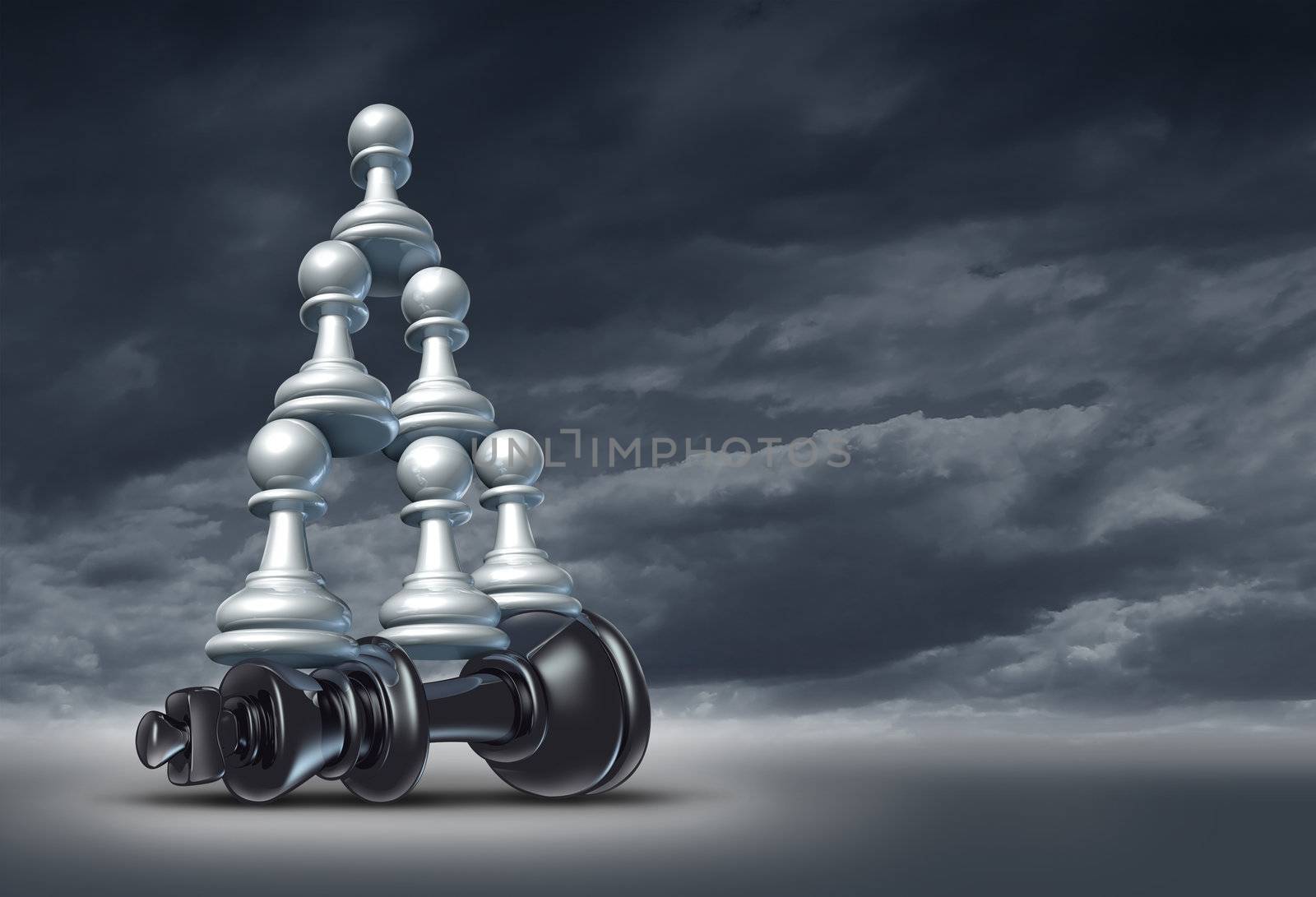 Balance of power and team victory as a business strategy chess symbol of changing the leader by teaming up in partnership and collaborating together to defeat a powerful competitor.