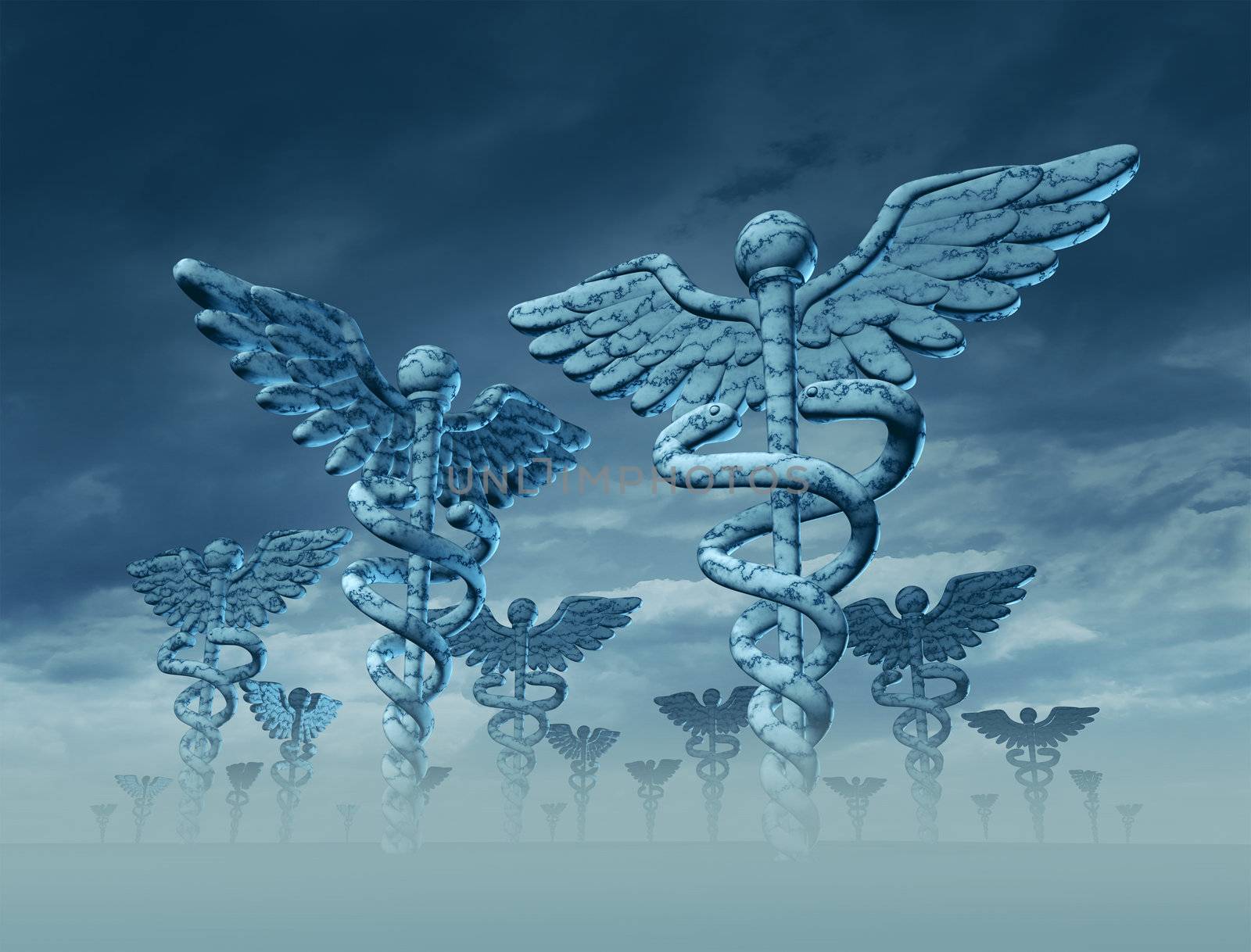 Medicine landscape with giant Caduceus sculptures as a symbol of the future of health care and medical treatment with confusion and difficult decisions ahead.