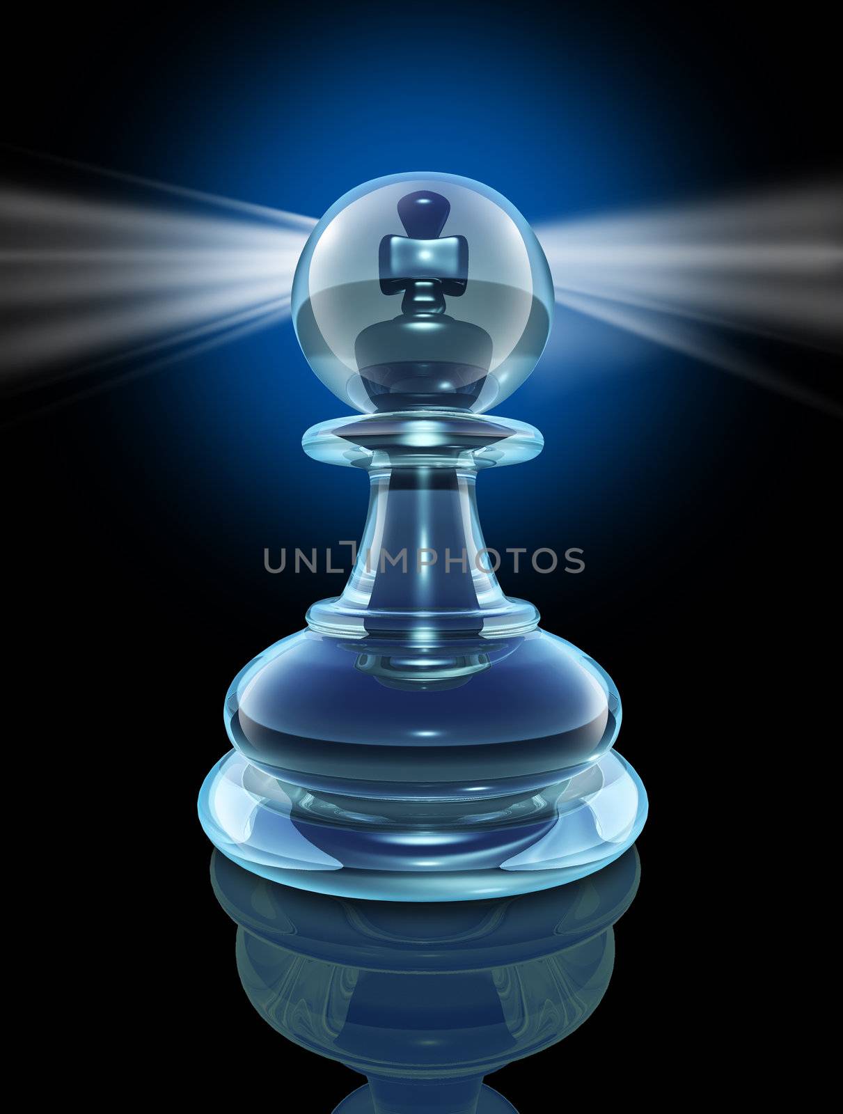 Potential inside and the power within to transform into a great leader by looking inside as a transparent glass chess pawn with a king piece hidden at the core with a glowing light on black.