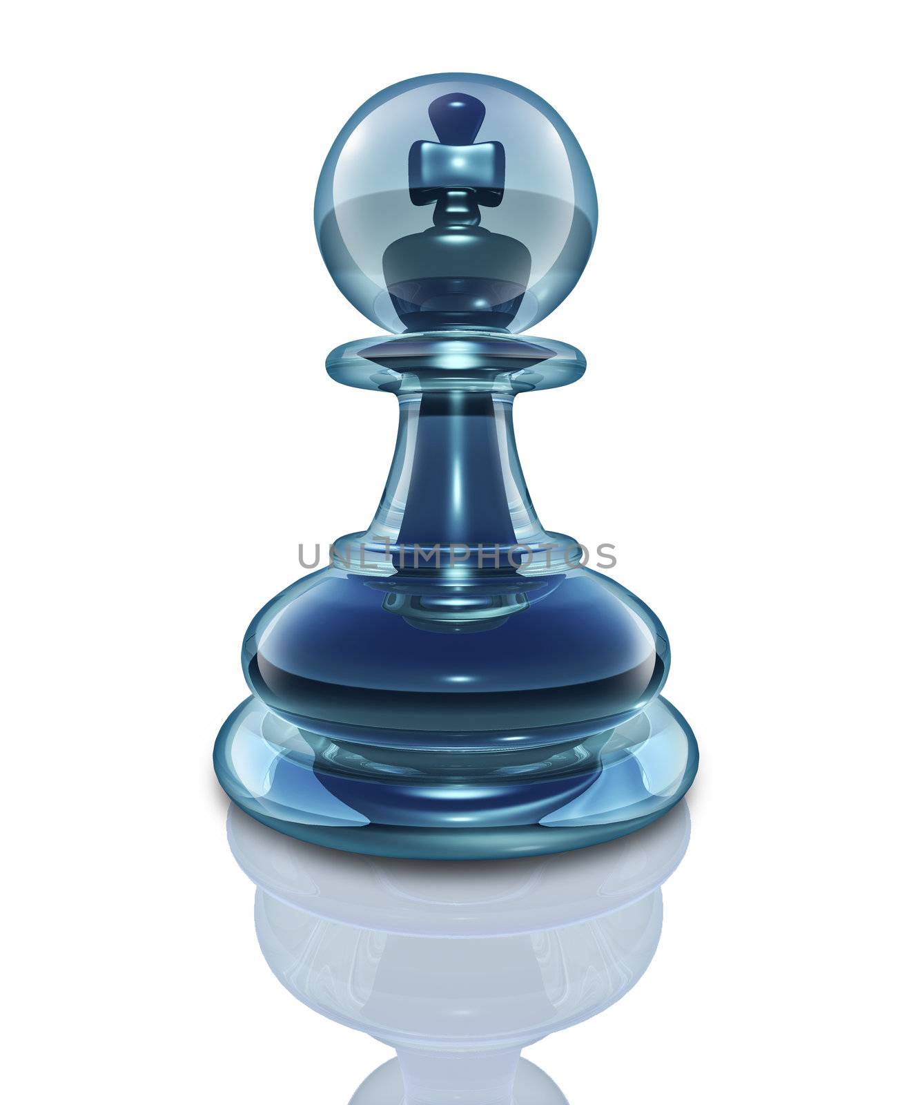 Power within and the potential to transform into a great leader by looking inside as a transparent glass chess pawn with a king piece hidden at the core on a white background.