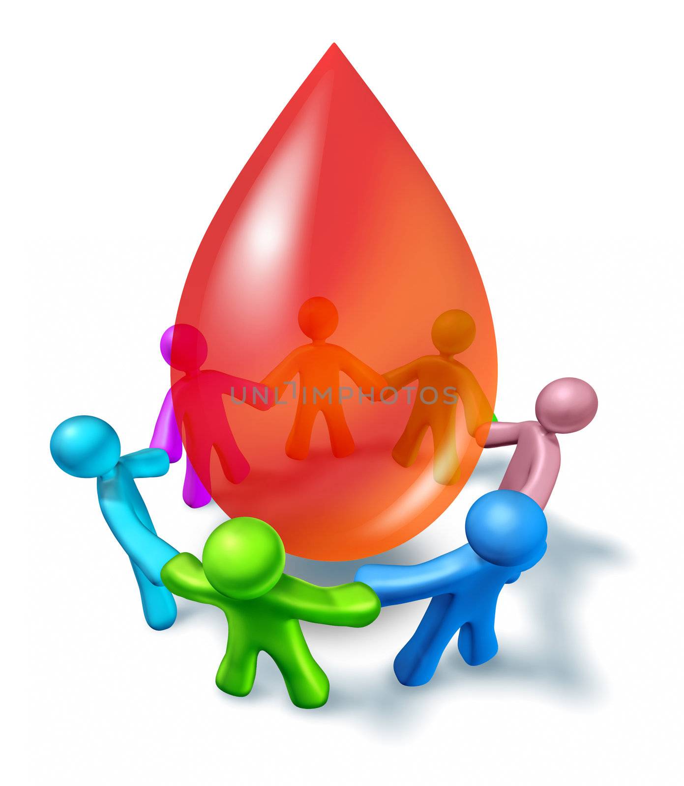 Blood donation with a diverse community coming together as a charity event for giving and donating a life giving gift with people holding hands around a three dimensional red drop on a white background.