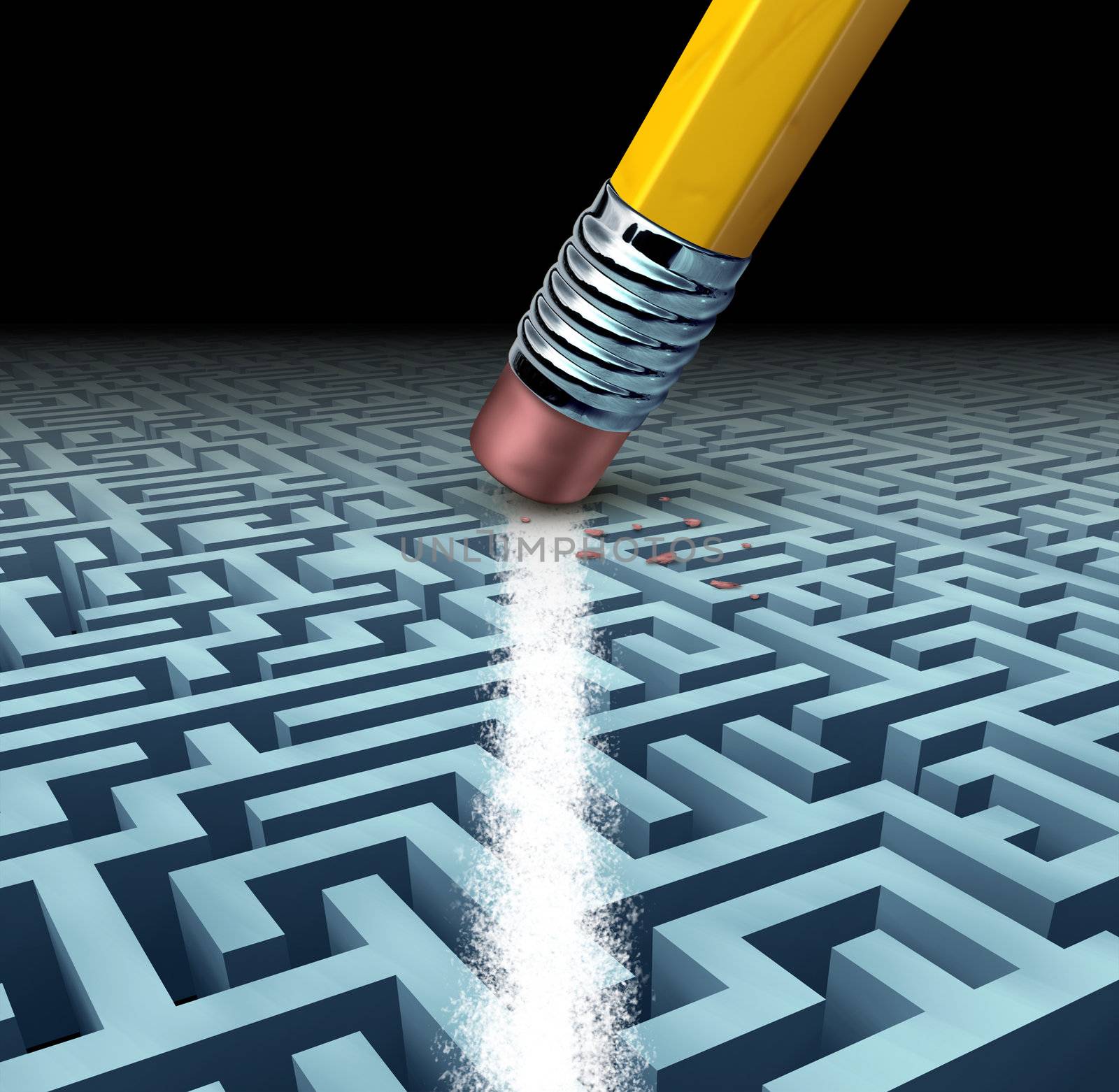 Finding solutions and solving a problem searching the best creative answers against a complicated and complex three dimensional maze having a clear shortcut path created by erasing the labyrinth with a pencil eraser.