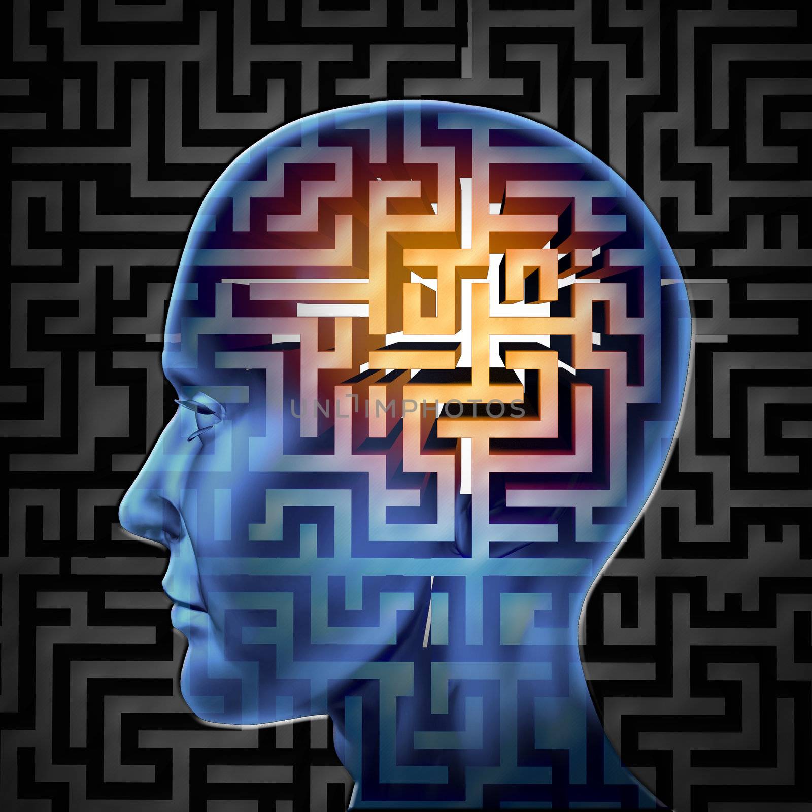 Brain search and human intelligence in regards to research in finding solutions through creative paths and overcoming challenges and obstacles to mental health issues with a glowing maze or labyrinth on a head.