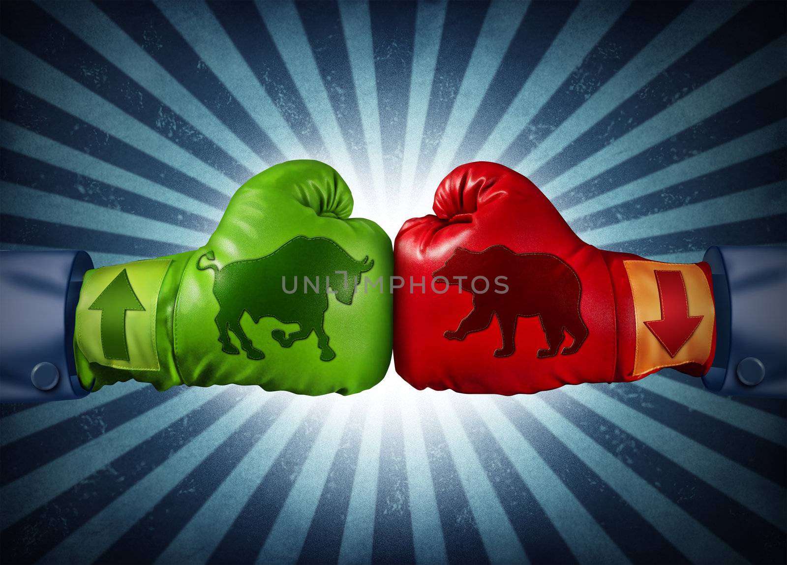 Stock market trading business concept with two boxing gloves with arrows going up and down with bull and bear icon emblems stitched to the glove as investment decisions and financial success with radial background.