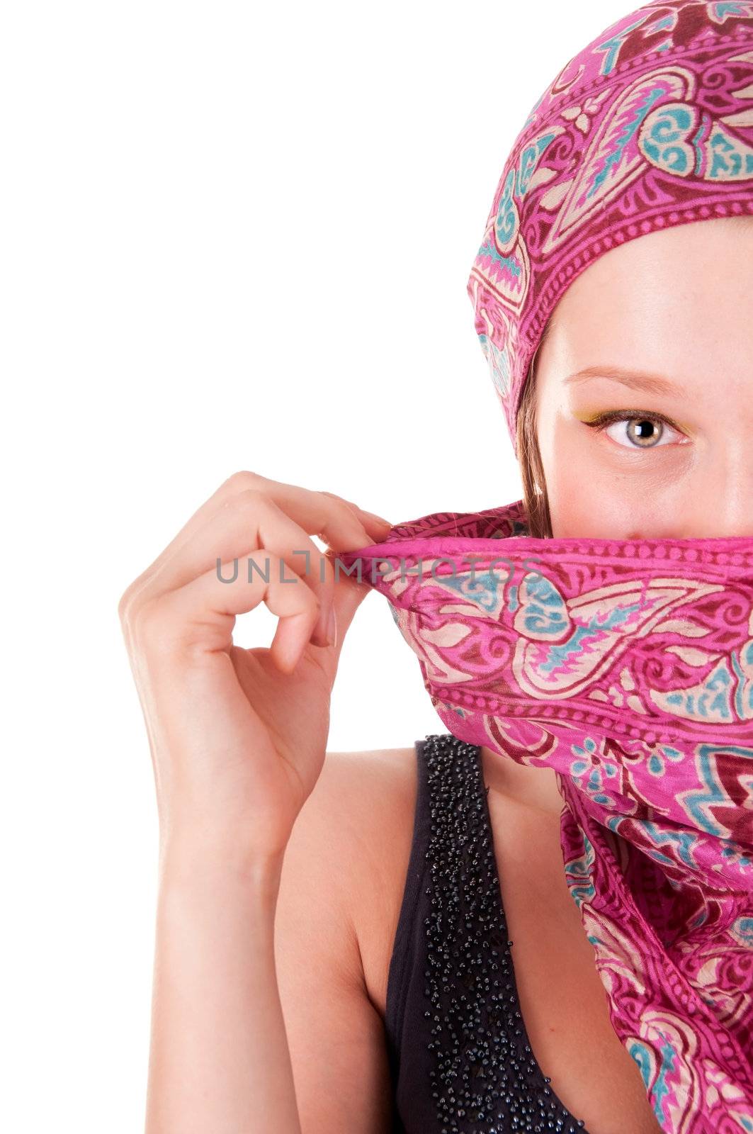 Young woman with covered face by scarf isoalated on white