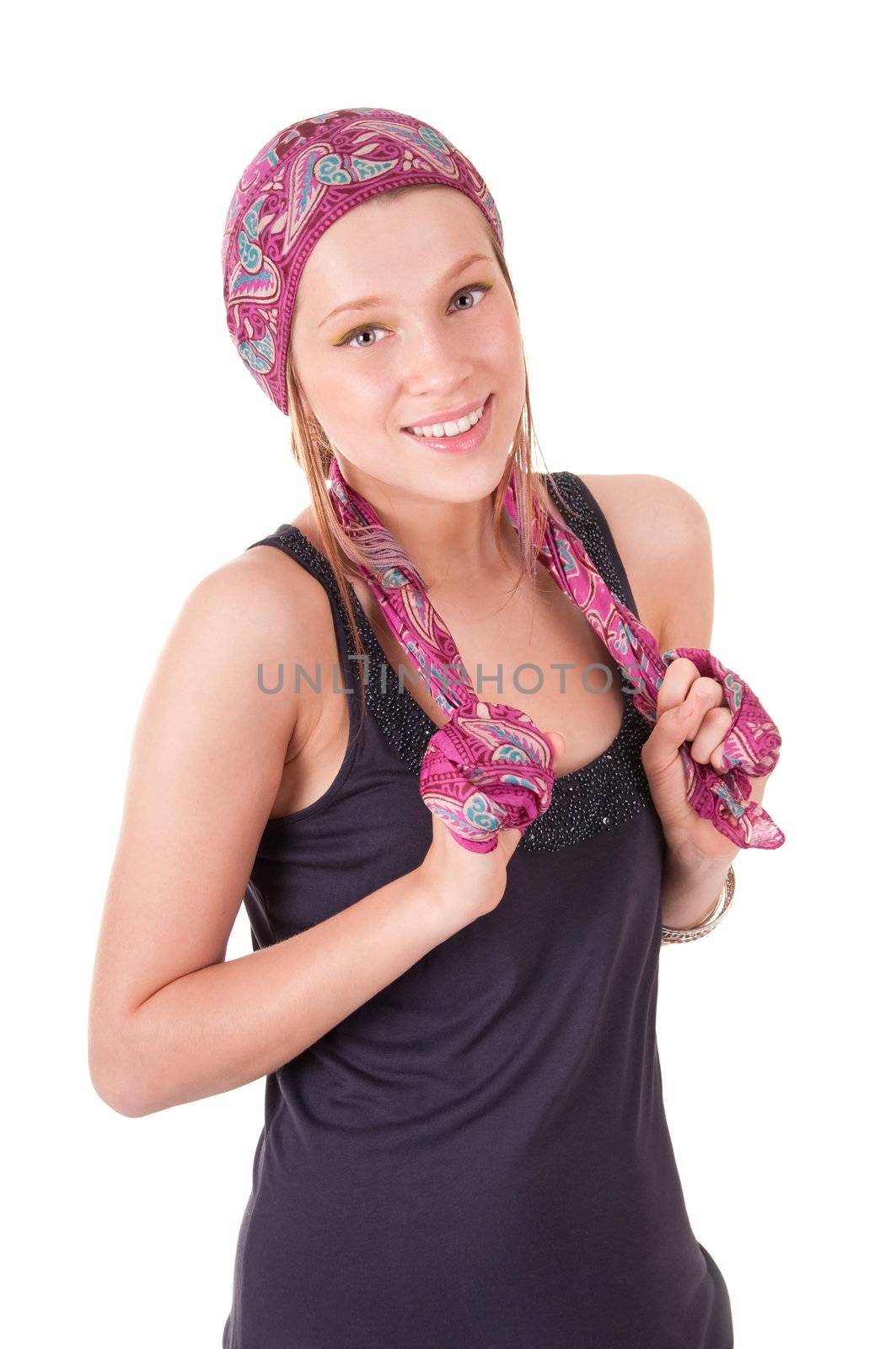 Young woman in headscarf isolated on white background