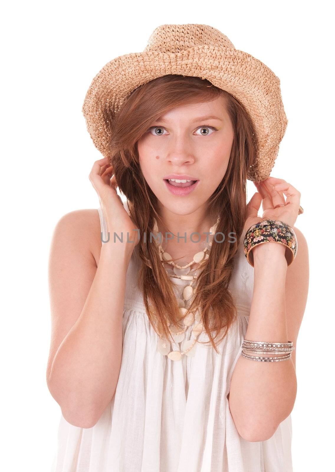 Smiling girl in Straw hat portrait isolated on white background
