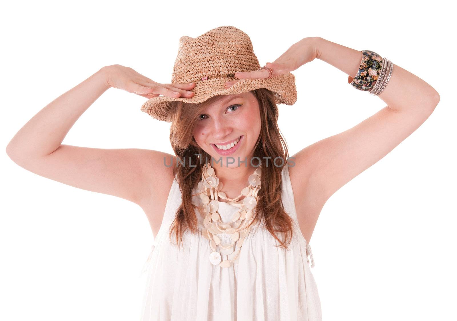 Smiling girl in Straw hat portrait isolated on white background