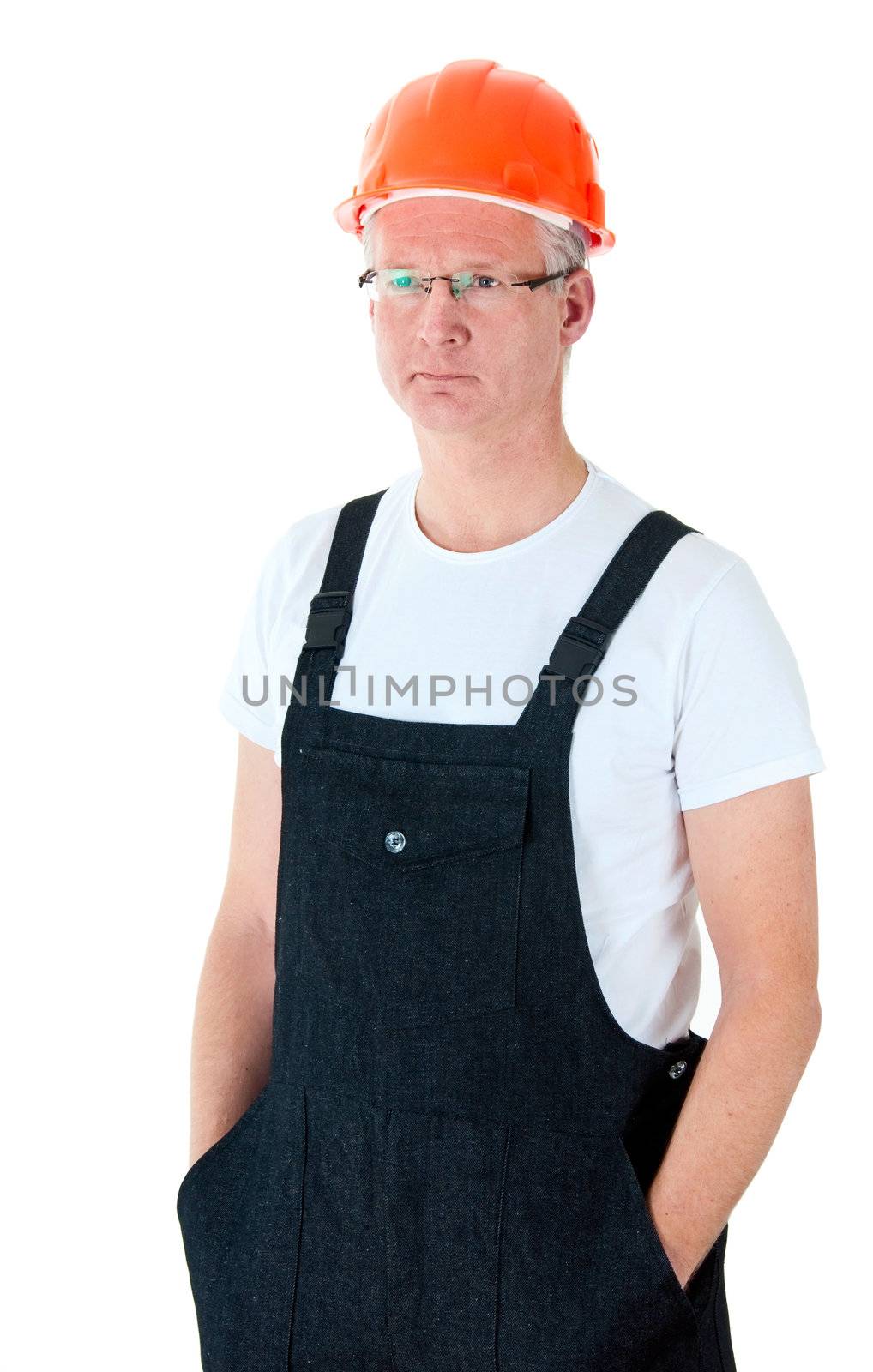 Portrait of serious mature worker in hard hat and glasses. Isolated on white background