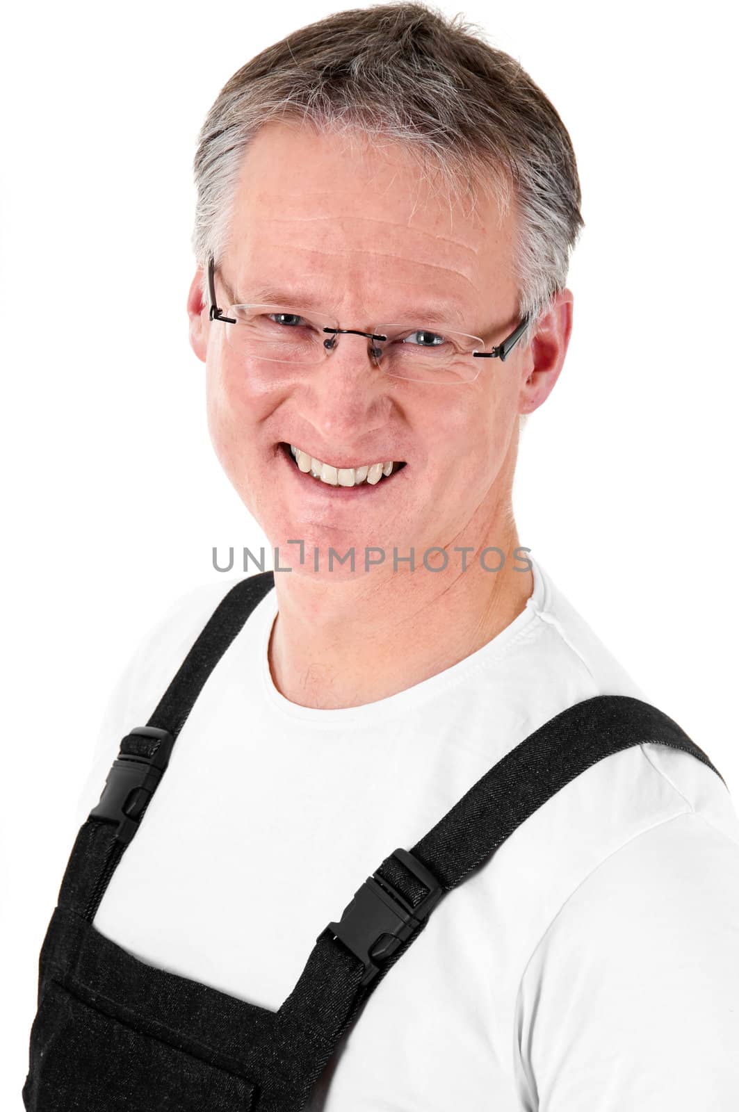 Portrait of smiling mature worker in glasses. Isolated on white background