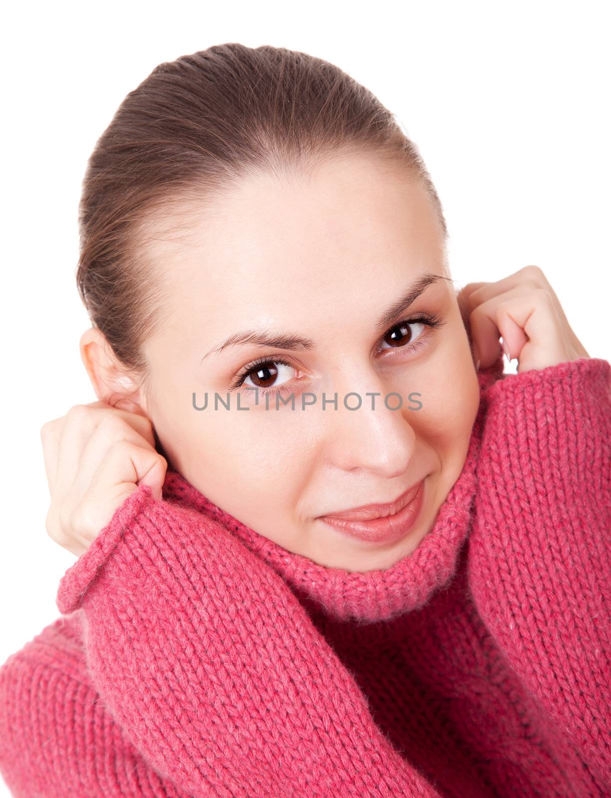 Beautiful young woman in red winter sweater on white background