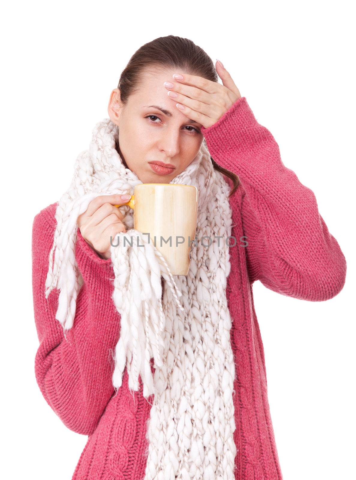Sick woman with cup in winter sweater and scarf by iryna_rasko