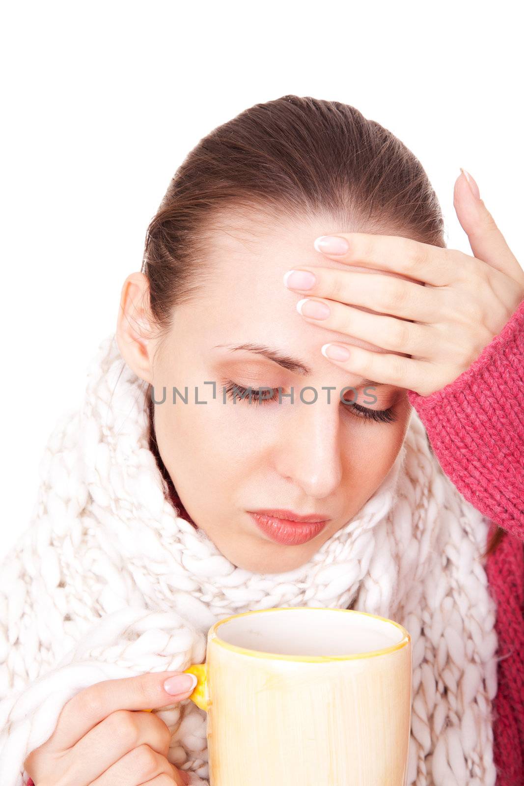 Sick woman with big cup in winter scarf on white background