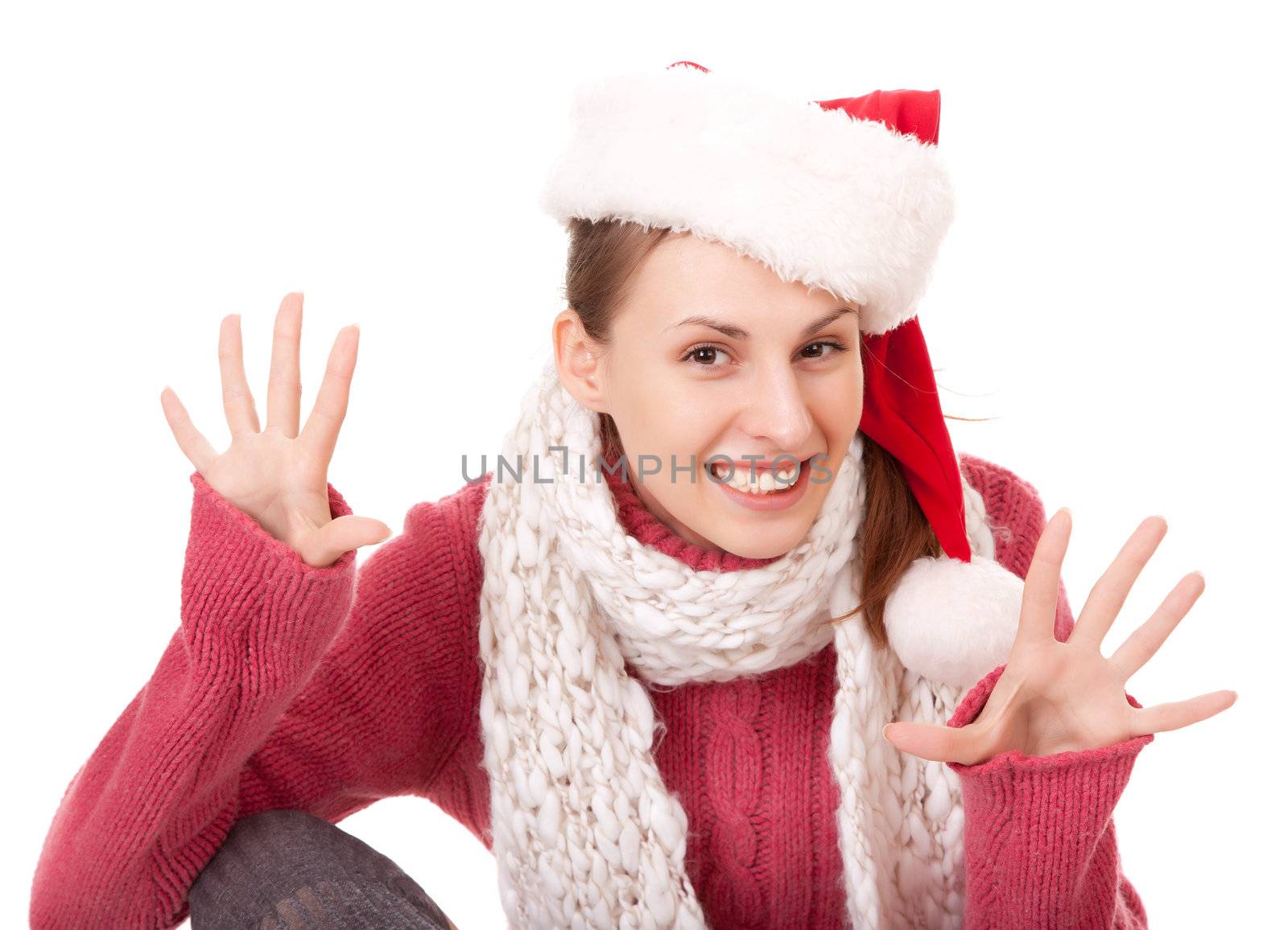 Beautiful sexy santa clause woman in hat, isolated on white background