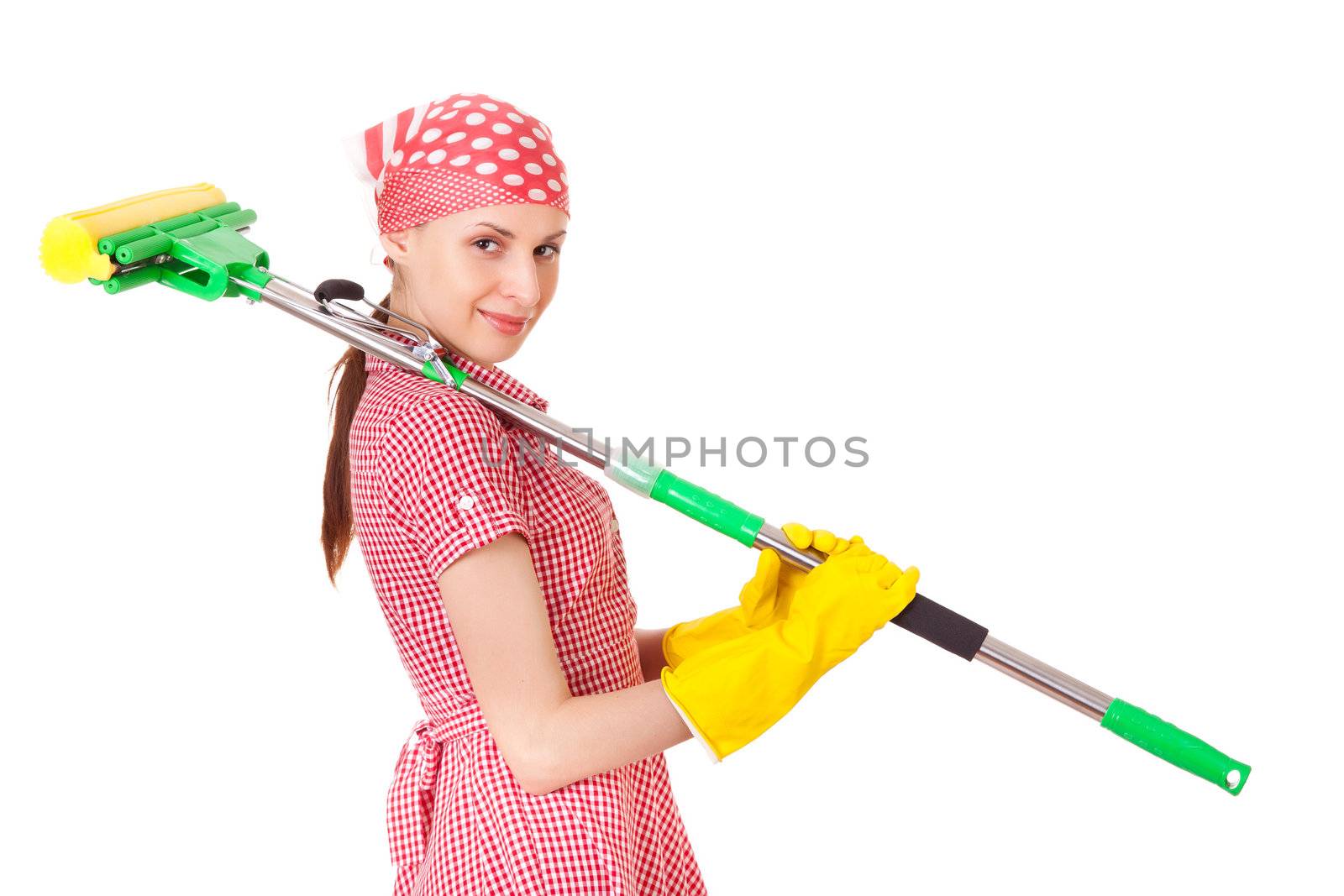 Charwoman in uniform with mop on her sholder. Isolated on white background