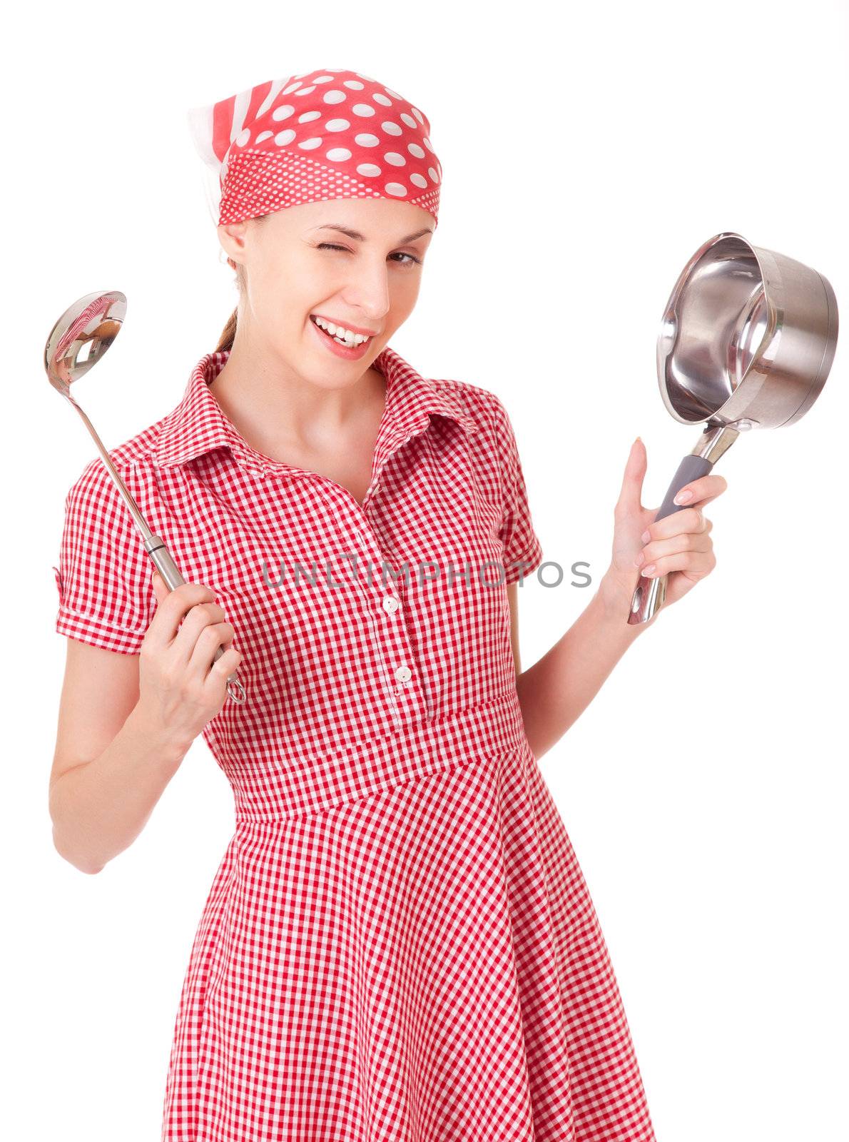 Playful housewife with ladle and pan by iryna_rasko