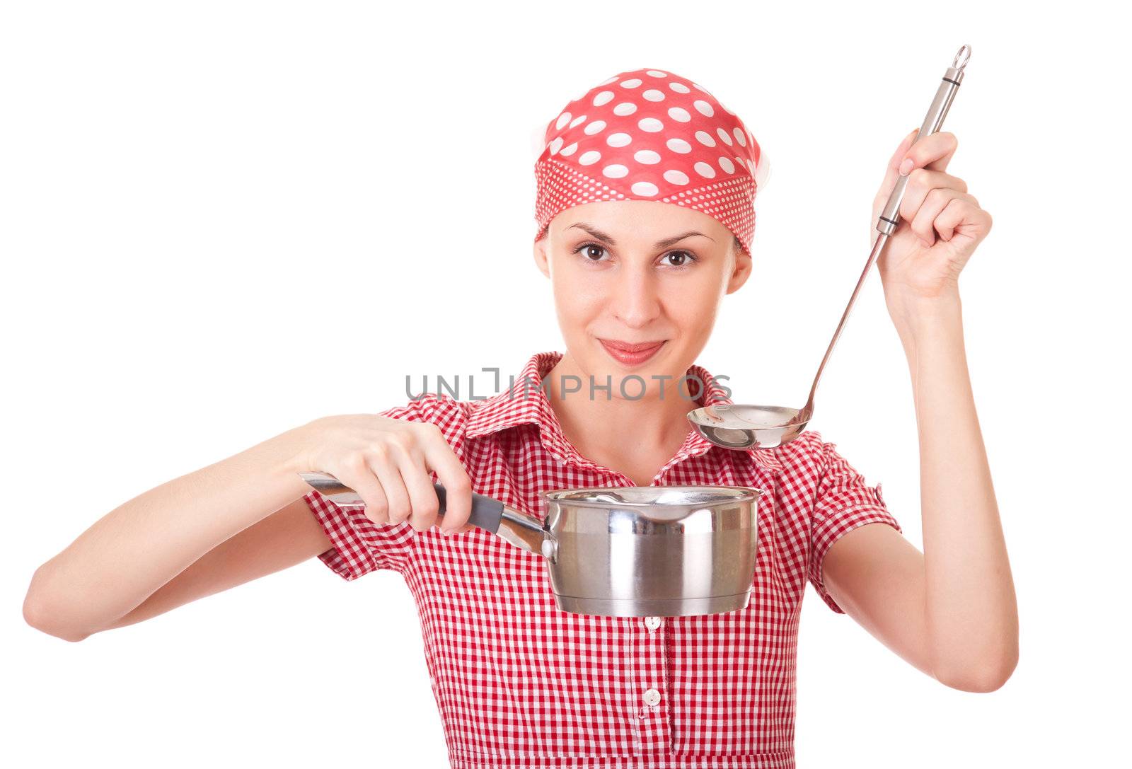 Housewife in headscarf with ladle and pan on white background