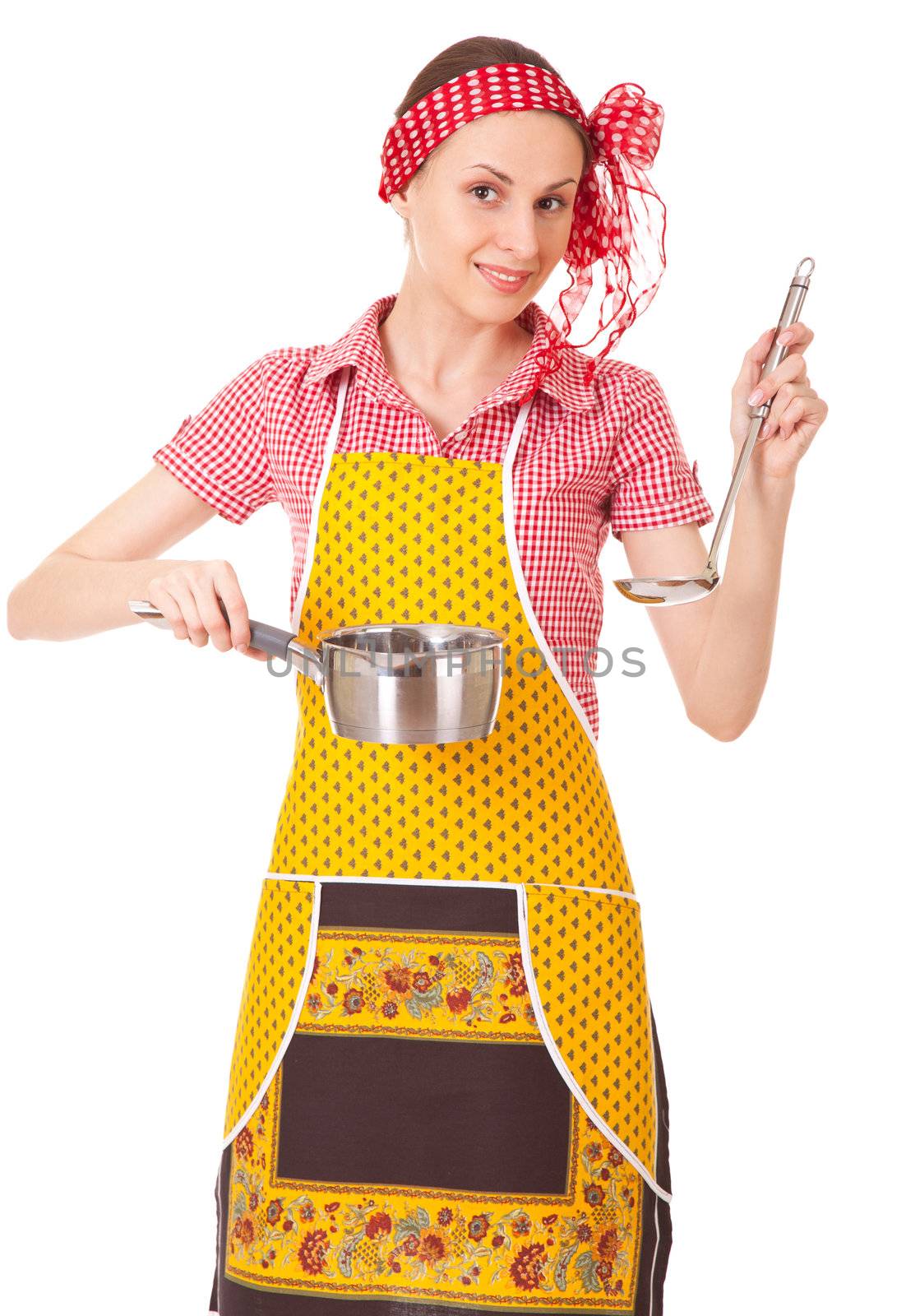 Playful housewife with ladle and pan by iryna_rasko