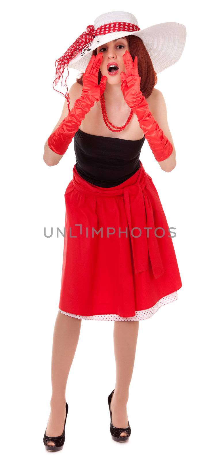 Shouting fashion girl in retro style with bright make-up and big hat on white background