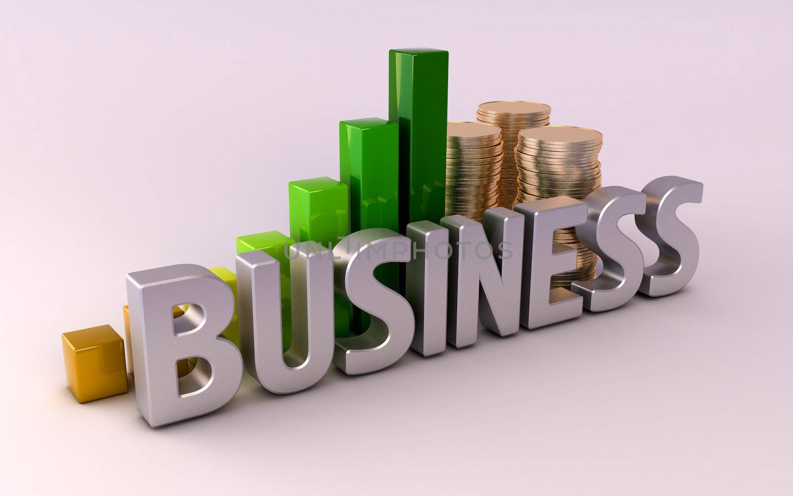 Business concept: the growth chart and gold monety.3d image, gray background with shadow