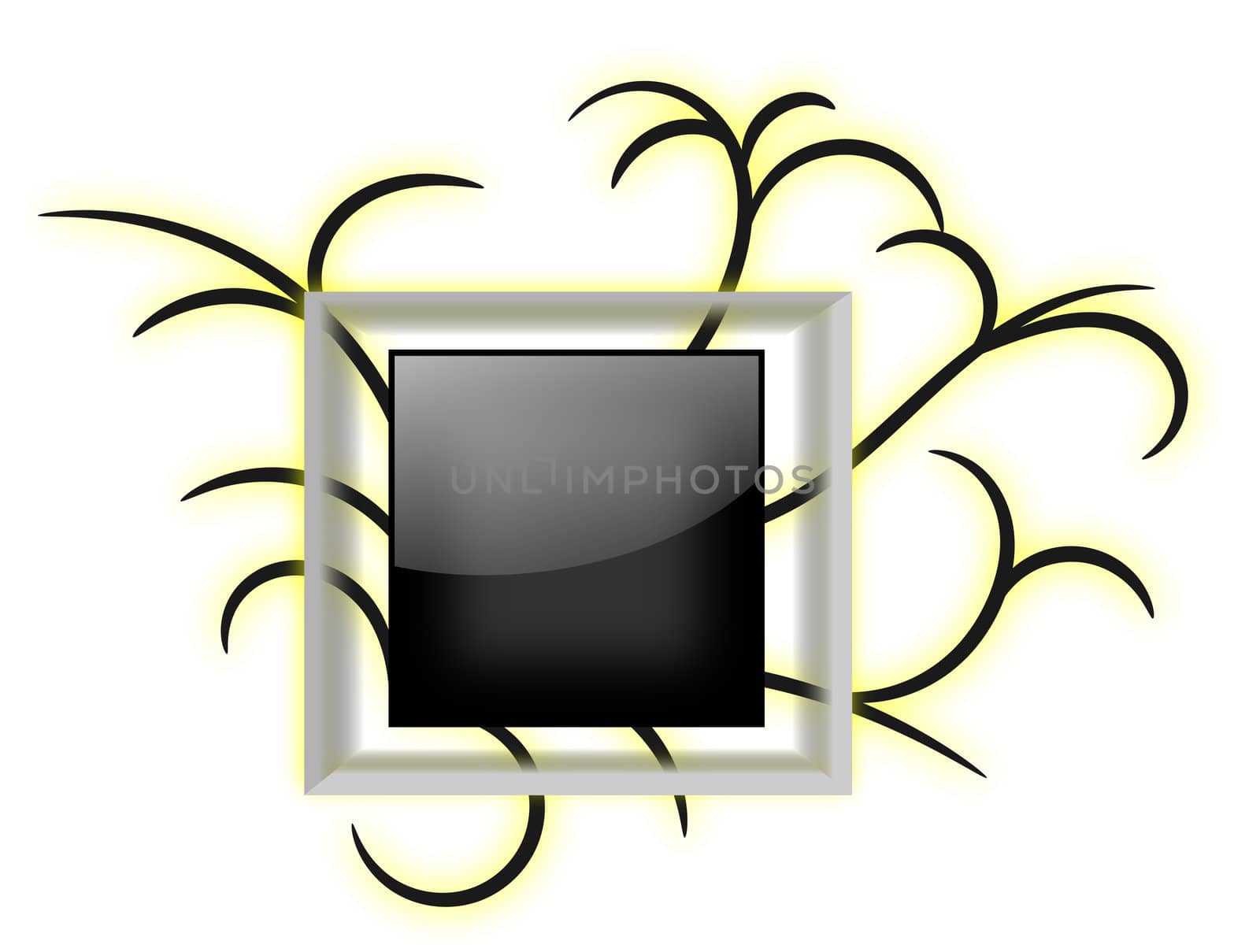 A shiny black message board, with a transparent glass frame on a swirls background