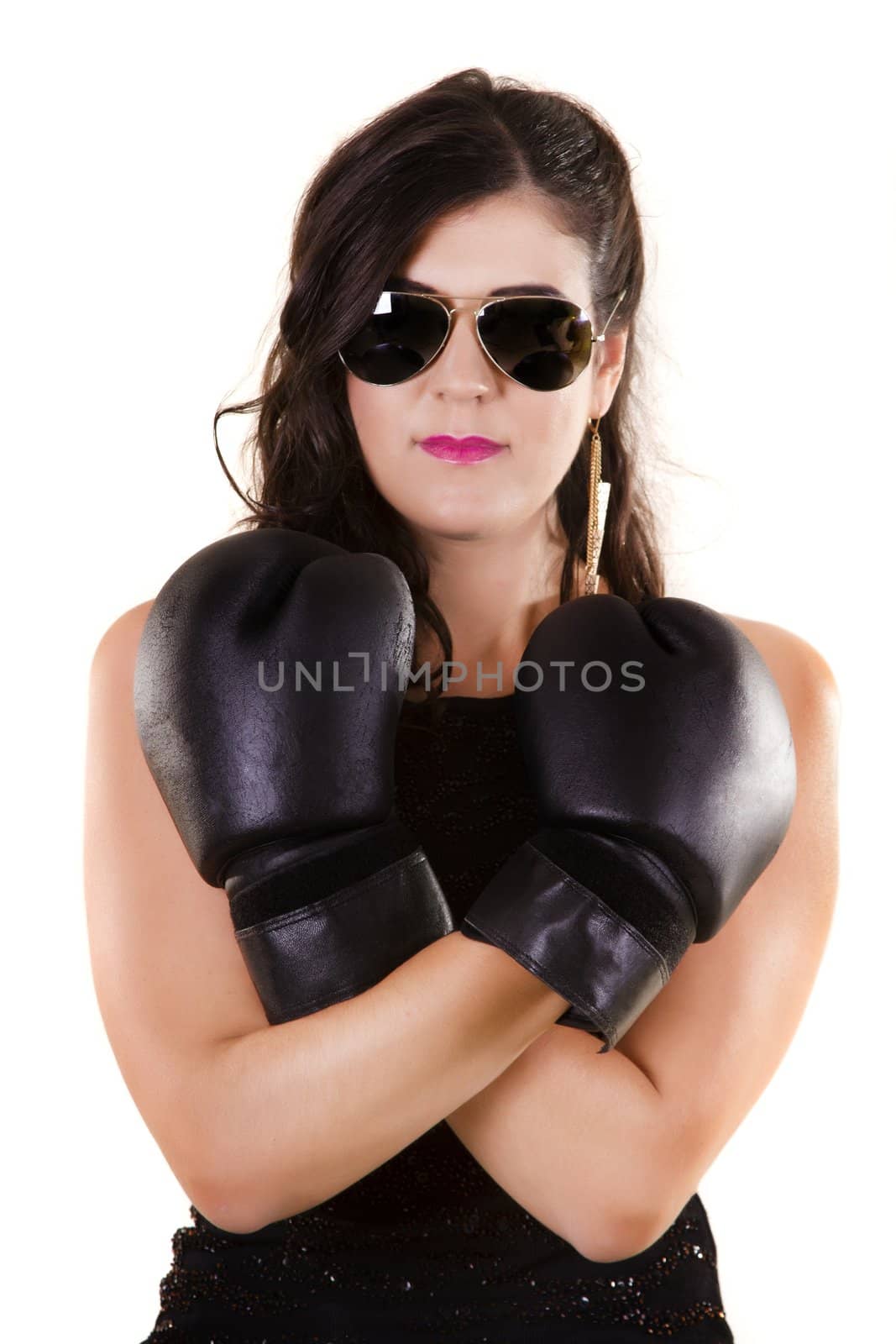 beautiful girl in dark leather clothes with boxing gloves by membio