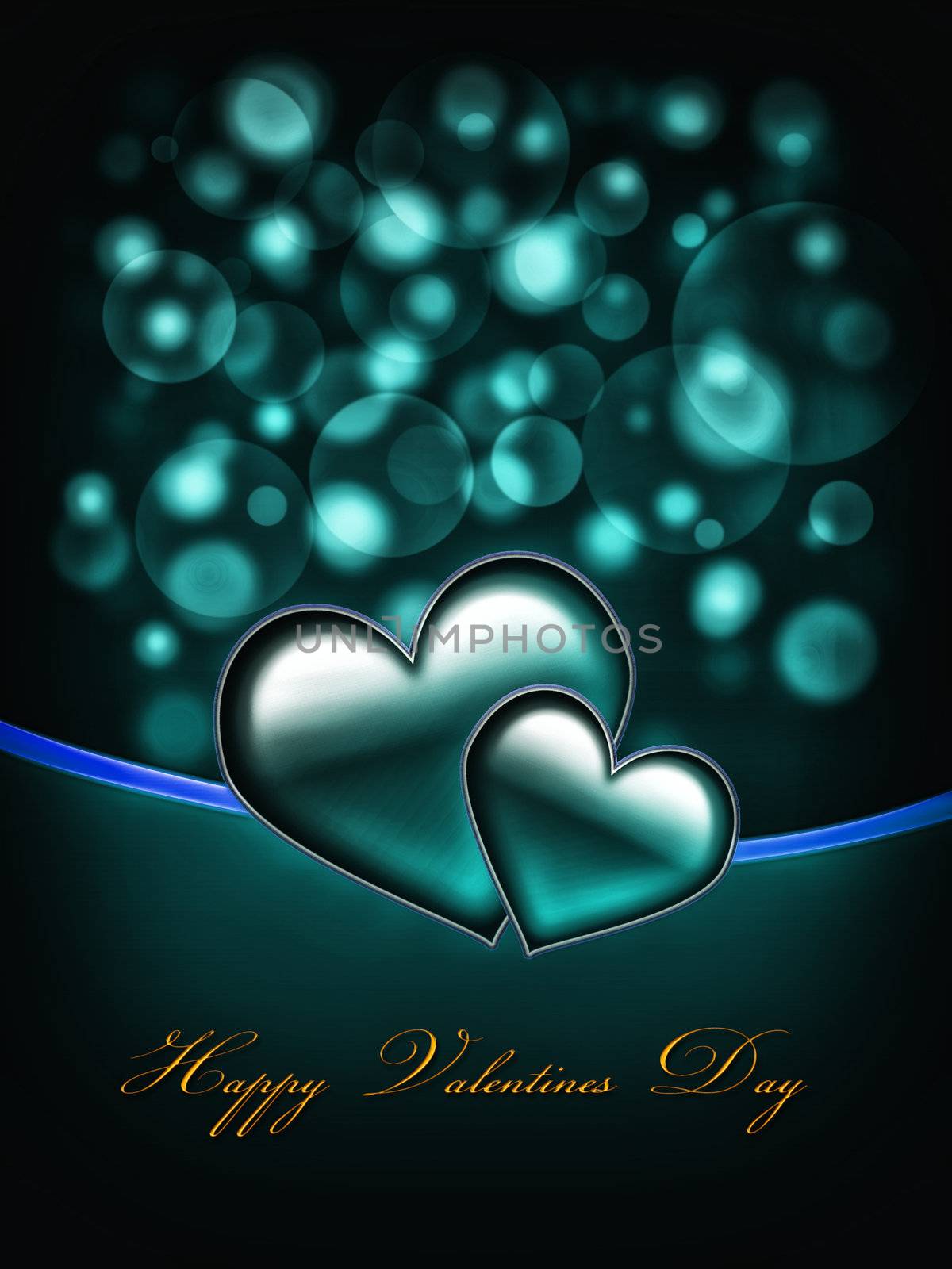 Valentines Day Card with golden Happy Valentines Day text and two big hearts - all in green and blue