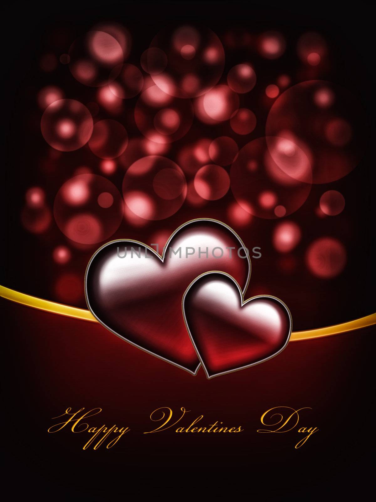 Valentines Day Card with Happy Valentines Day text and two big hearts - all in red and gold