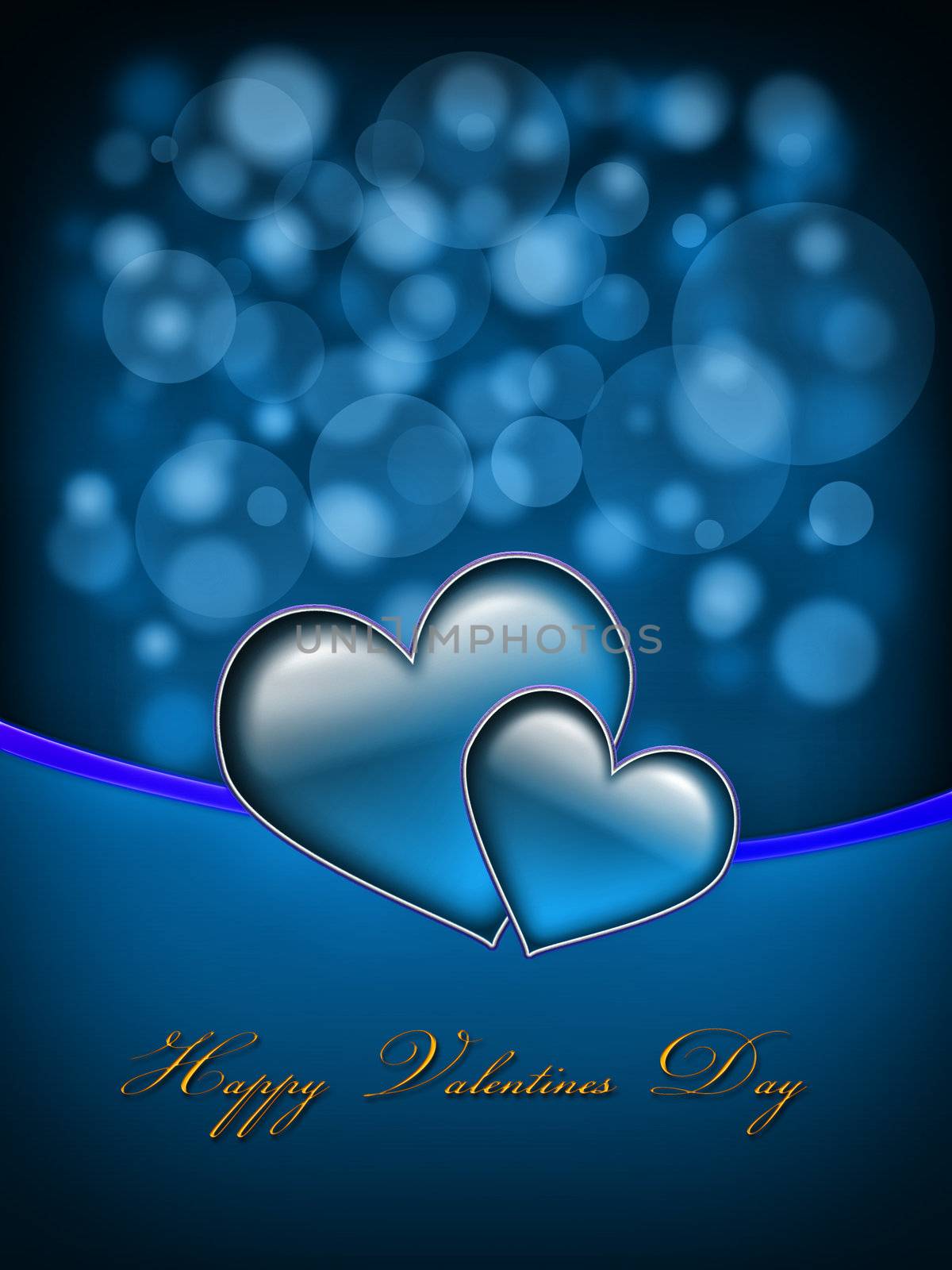 Valentines Day Card with golden Happy Valentines Day text and two big hearts - all in blue and purple