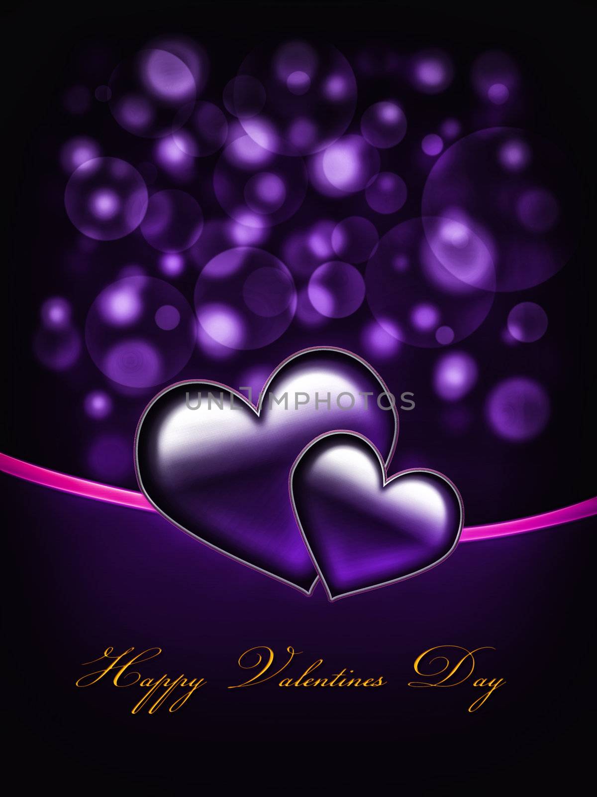 Valentines Day Card with golden Happy Valentines Day text and two big hearts - all in purple and pink