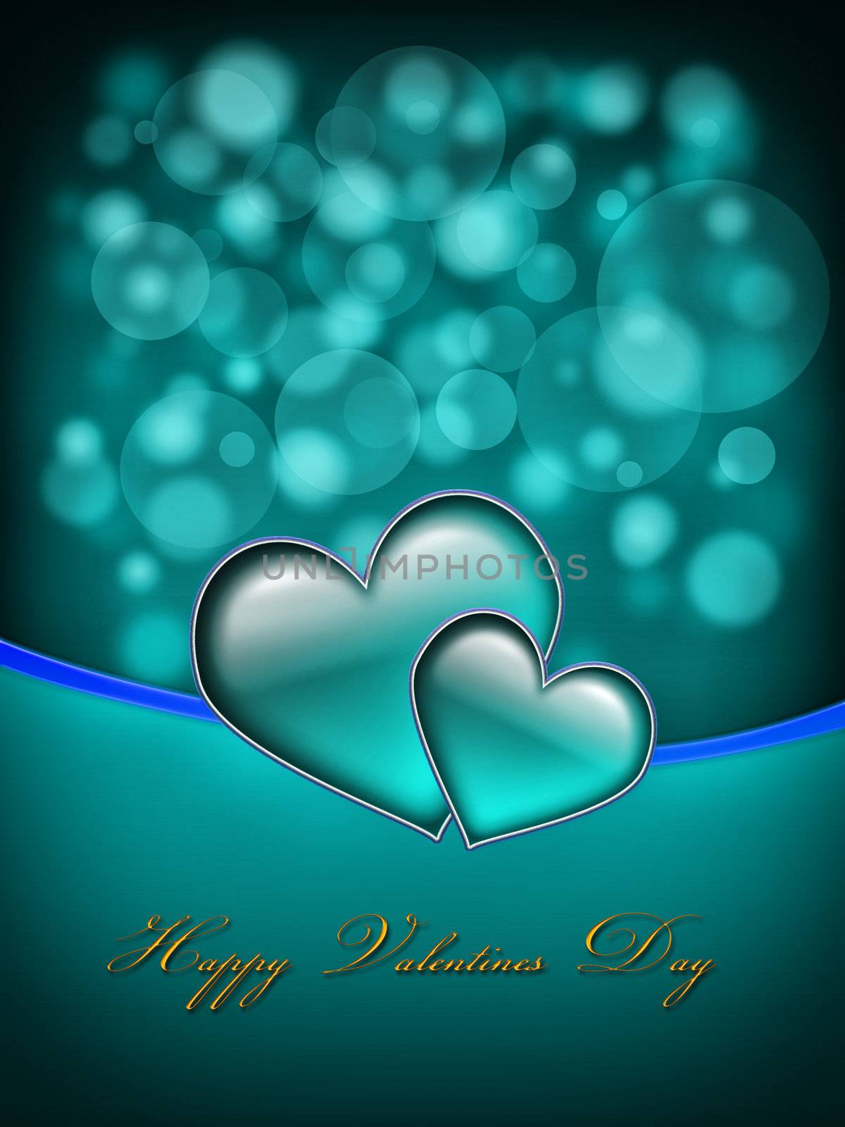 Valentines Day Card with golden Happy Valentines Day text and two big hearts - all in green and blue
