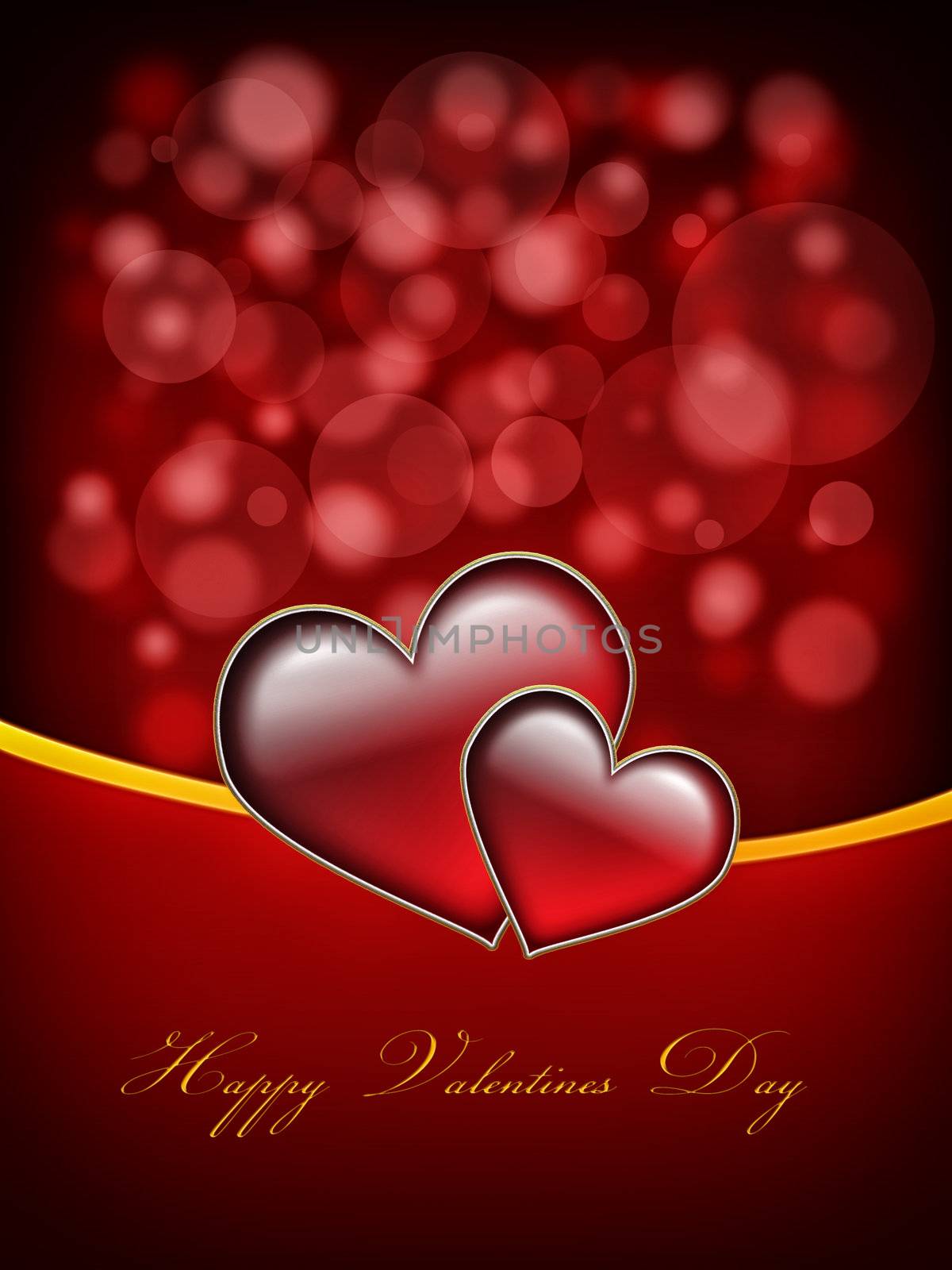 Valentines Day Card with Happy Valentines Day text and two big hearts - all in red and gold