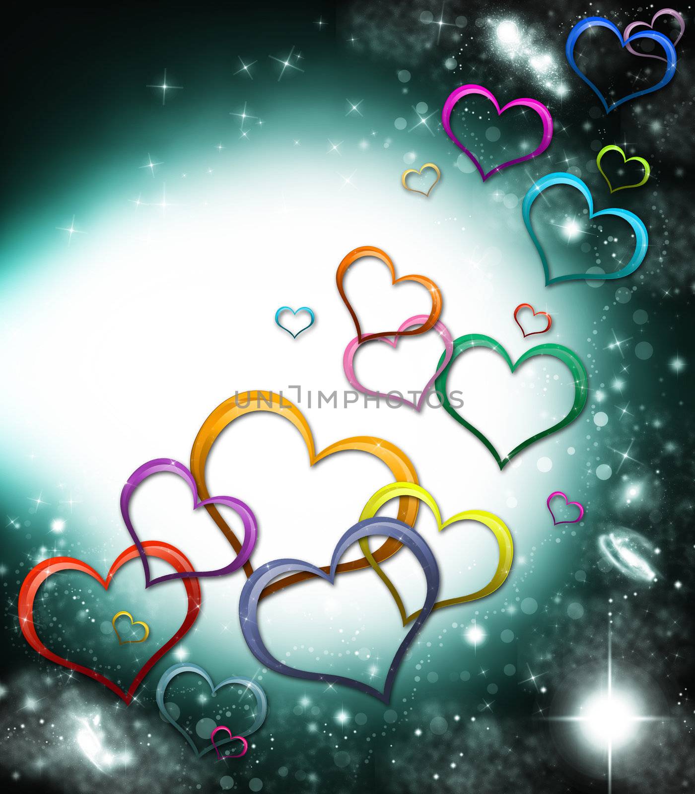 Valentines Day Card with colorful hearts and stars on starry and dark glowing green background
