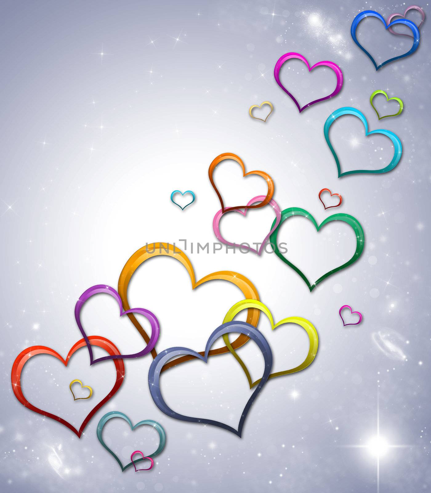 Valentines Day Card with colorful hearts and stars on starry background
