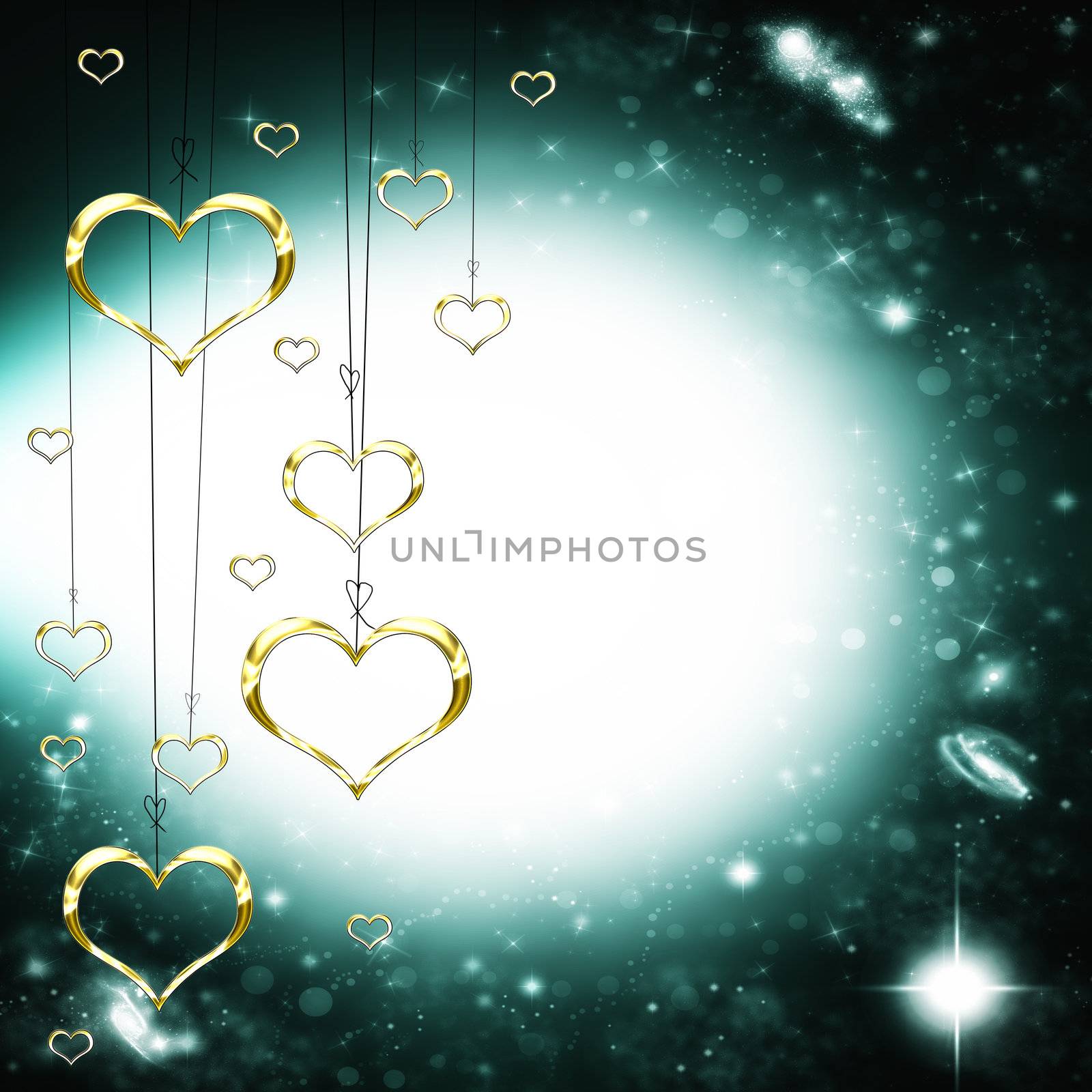 Valenties Day Card with golden hearts on a starry dark glowing background