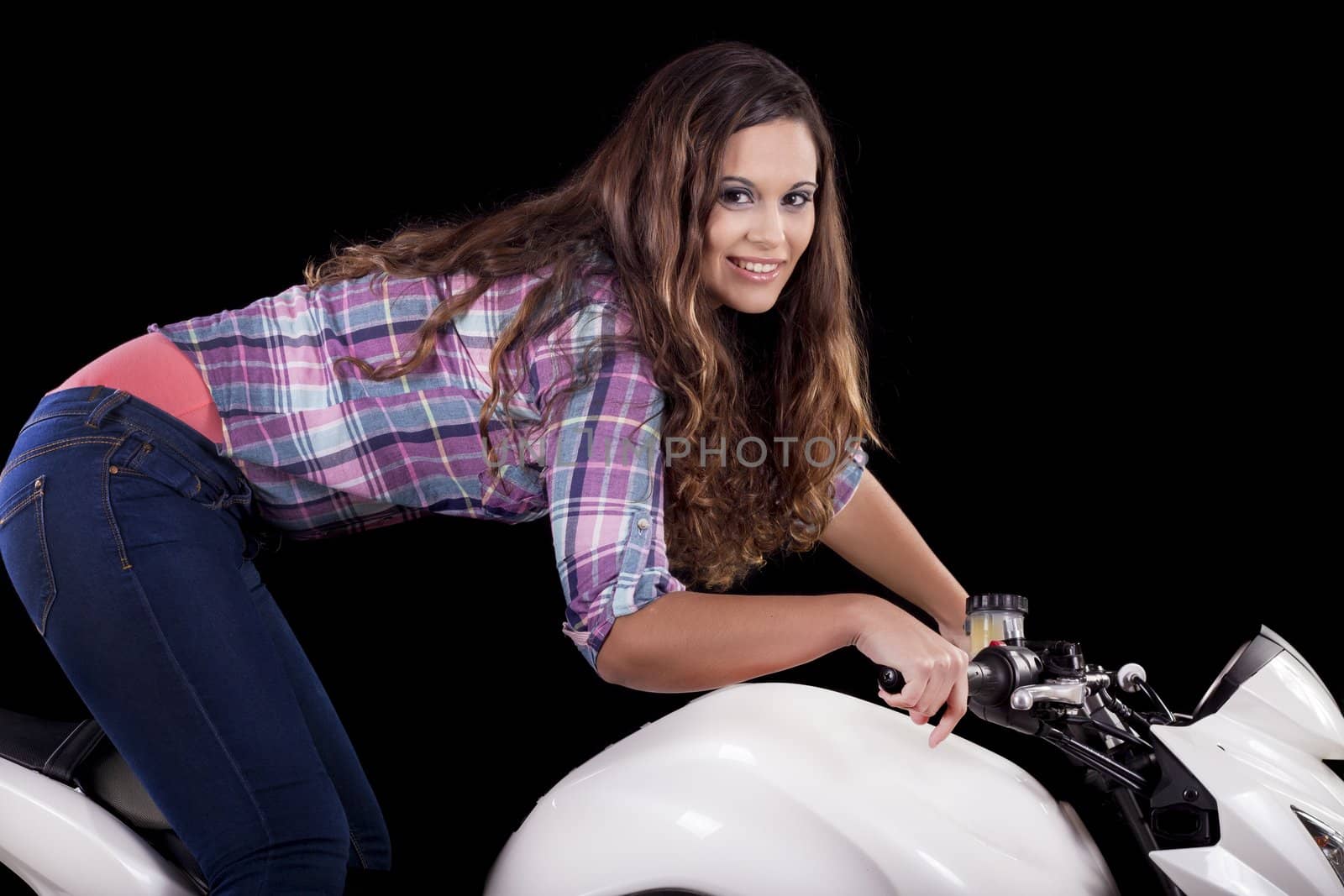 beautiful girl next to a white motorbike  by membio
