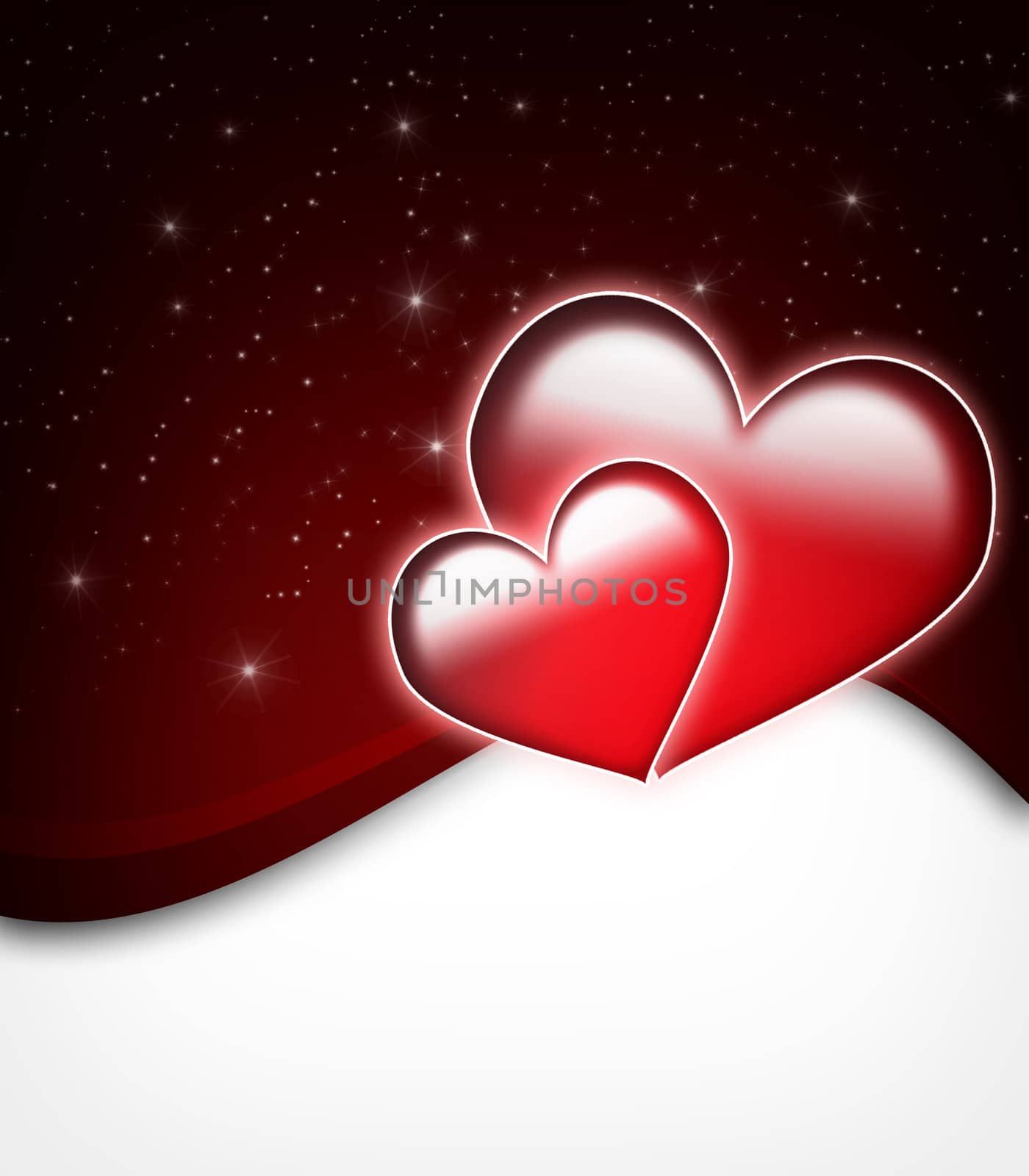 Valentines Day Card with  two big hearts and stars - all in red