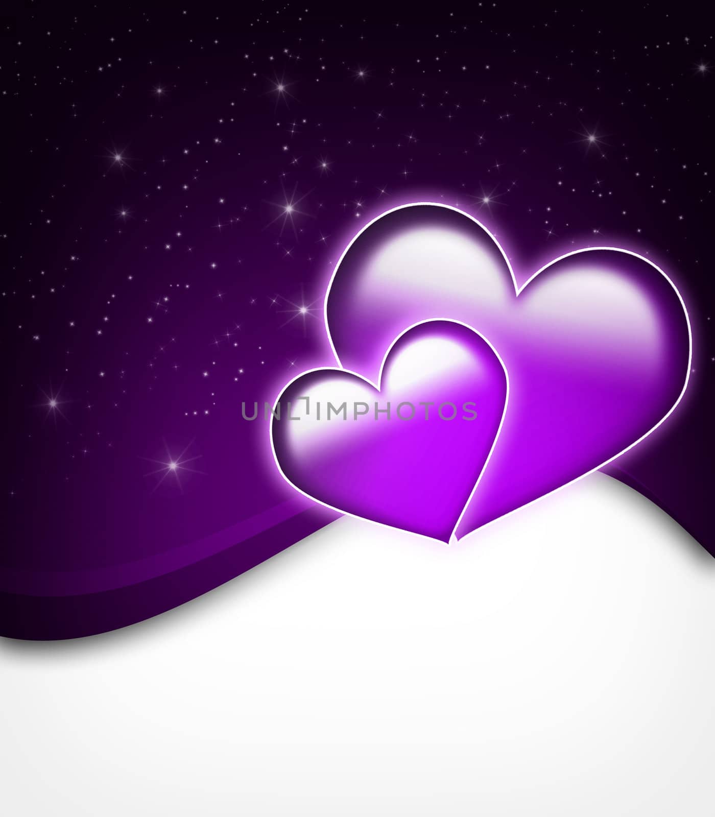 Valentines Day Card with  two big hearts and stars - all in purple