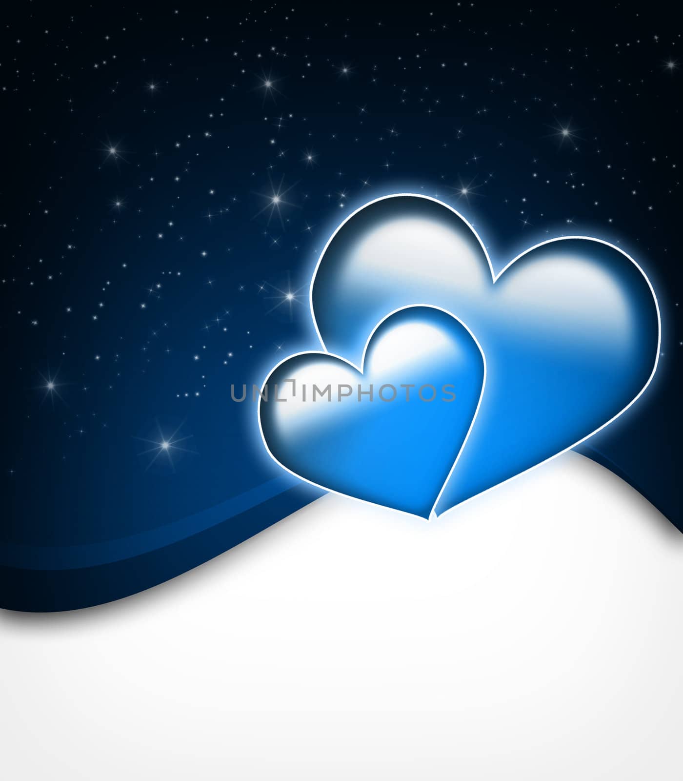 Valentines Day Card with  two big hearts and stars - all in blue