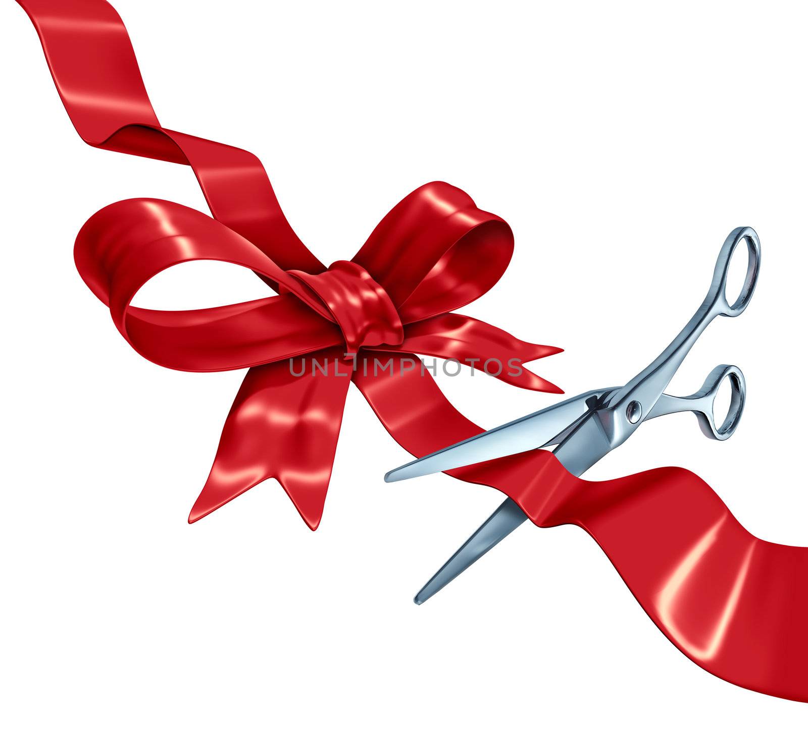 Bow and ribbon cutting with a red silk gift wrapping decoration with scissors opening the present packaging as a holiday symbol for Christmas a birthday or valentine's day isolated on a white background